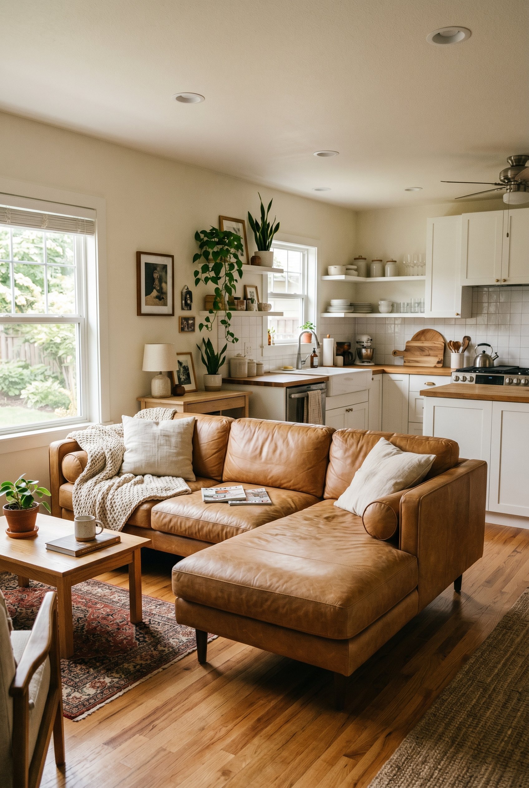 Photorealistic interior photo. Open concept living space where a tan leather sectional floats in the middle, the chaise acting as a visual divider between the living area and the kitchen. Editorial ph