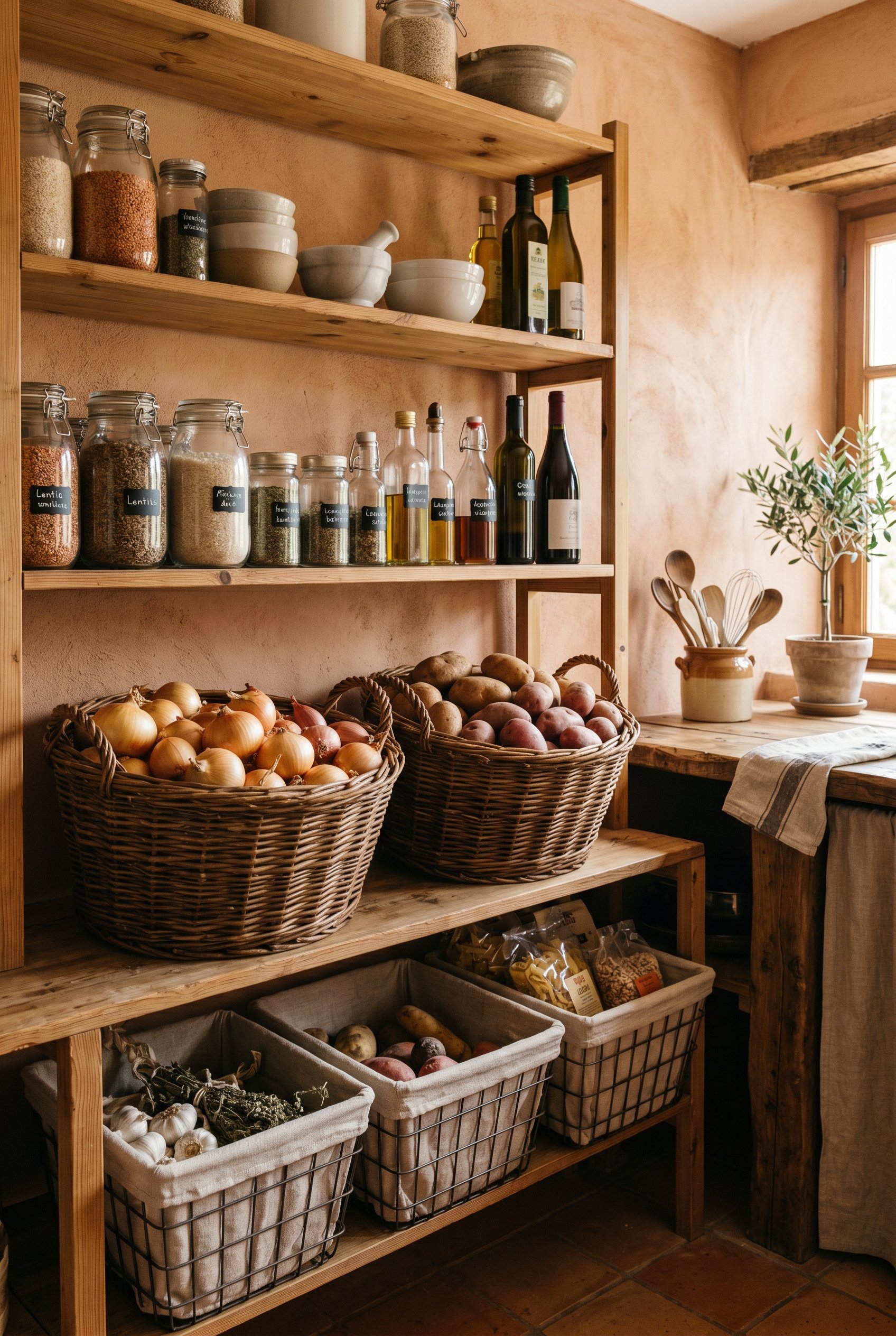 Photorealistic interior photo. Open pantry shelving in a Mediterranean kitchen featuring large woven willow baskets holding onions and potatoes, and wire baskets lined with linen. Editorial photograph
