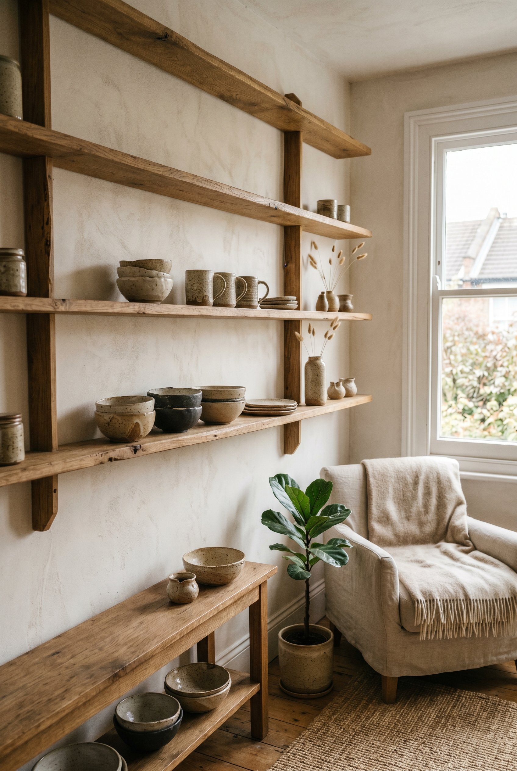 Photorealistic interior photo. Open shelving displaying hand-thrown wabi-sabi ceramics with a textured, sandy glaze. Editorial photography style, no people visible.
