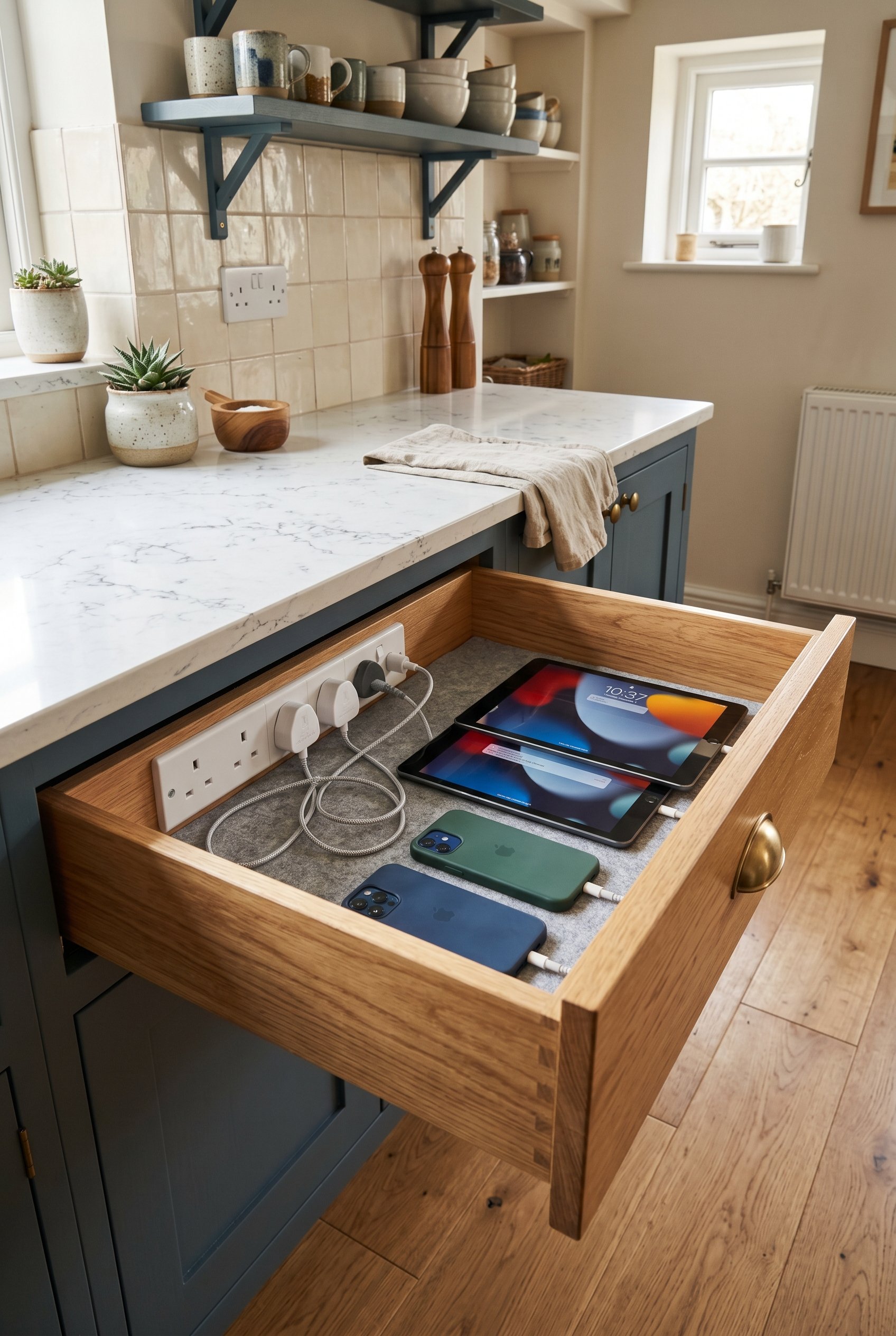 Photorealistic interior photo. Open top kitchen drawer revealing a hidden charging station, ipads and iphones plugged into built-in electrical outlets inside the wood drawer box. Editorial photography