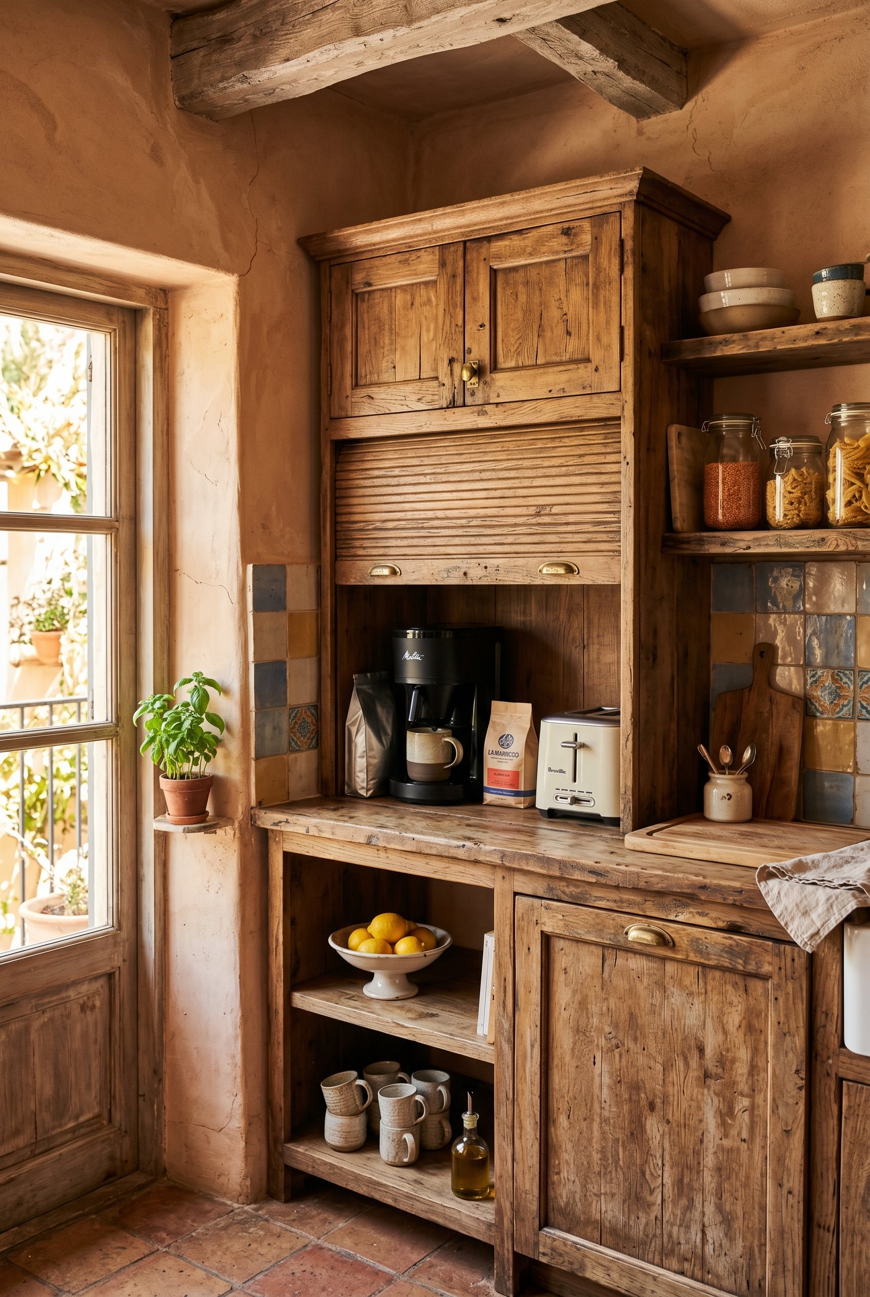 Photorealistic interior photo. Open wooden appliance garage in a Mediterranean kitchen, hiding a coffee maker and toaster, warm interior lighting, rustic wood finishes. Editorial photography style, no