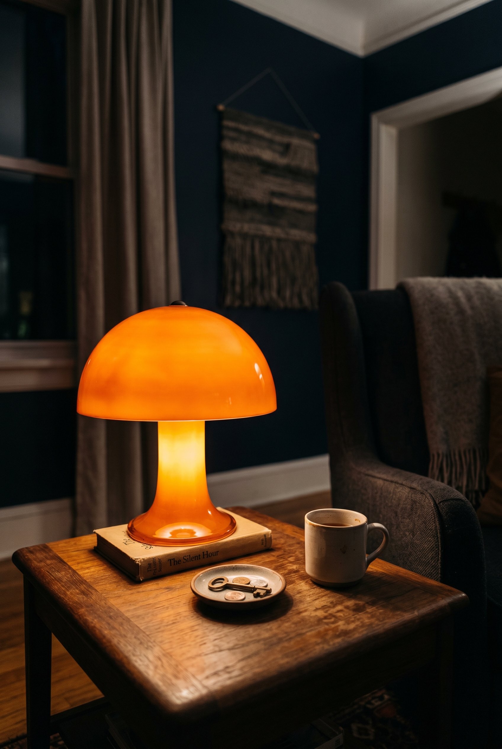 Photorealistic interior photo. Orange glass mushroom lamp sitting on a teak side table, moody amber lighting casting downward, dark background, close-up camera angle. Editorial photography style, no p