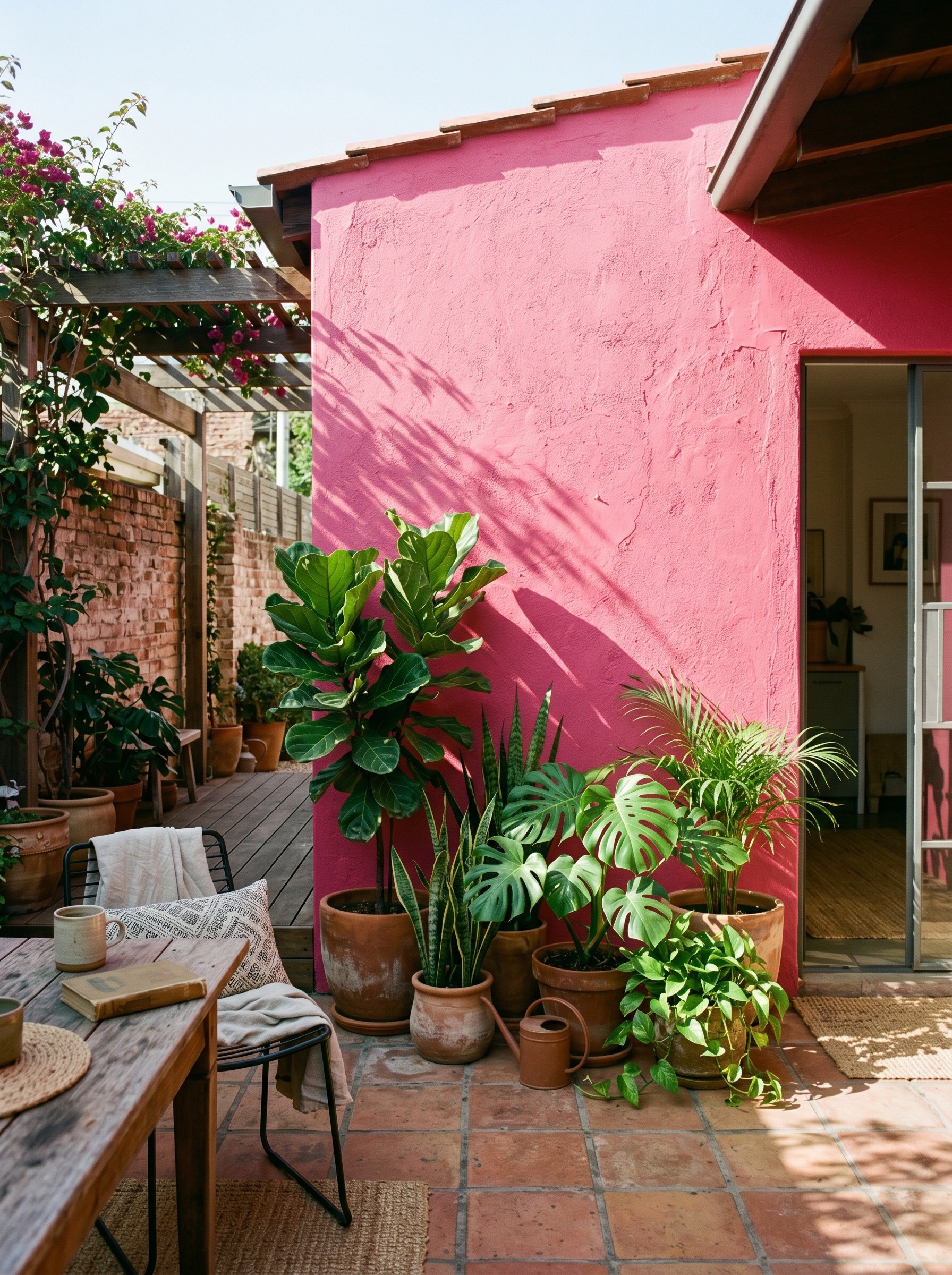 Photorealistic interior photo. Outdoor patio courtyard featuring a bold Luis Barragán hot pink painted stucco wall. Large green potted plants in front of the wall. Harsh, beautiful sunlight and shadow