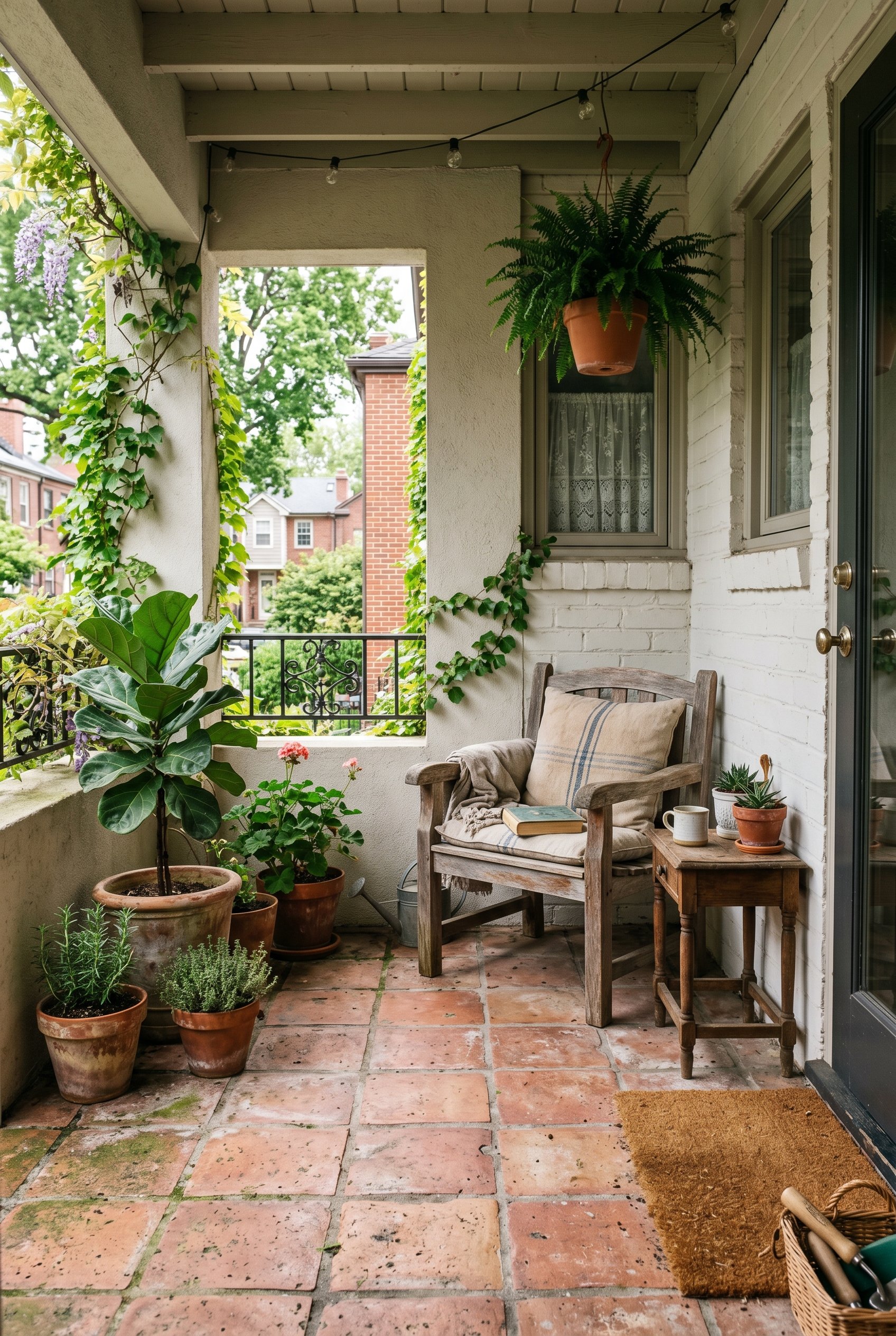 Photorealistic interior photo. Outdoor patio featuring warm, unglazed, weathered terracotta floor tiles. Chalky patina, rustic wooden outdoor chair in the corner. Editorial photography style, natural 