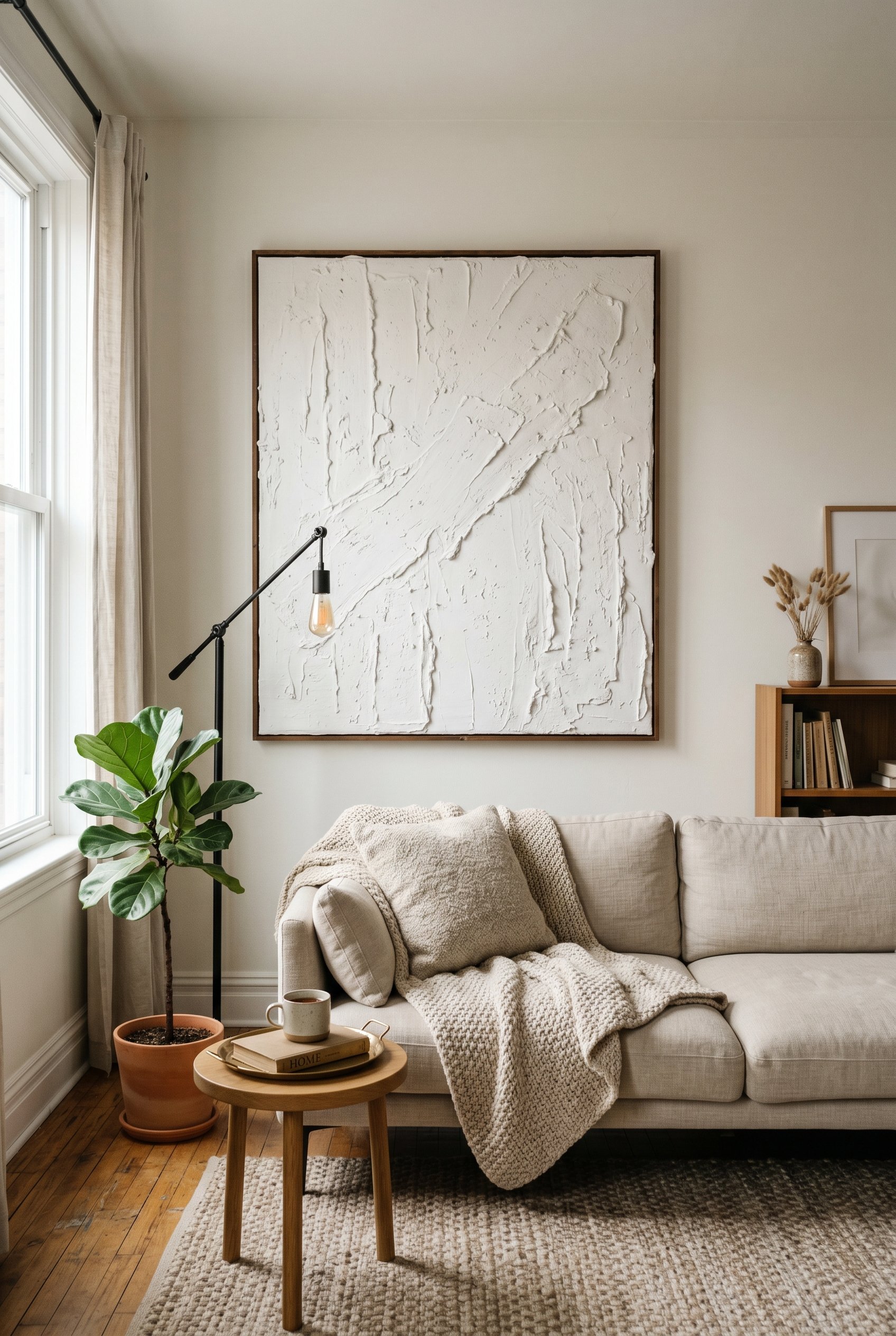 Photorealistic interior photo. Oversized heavily textured white plaster canvas art hanging above a minimalist sofa. Soft diffused lighting, editorial photography style, no people visible.