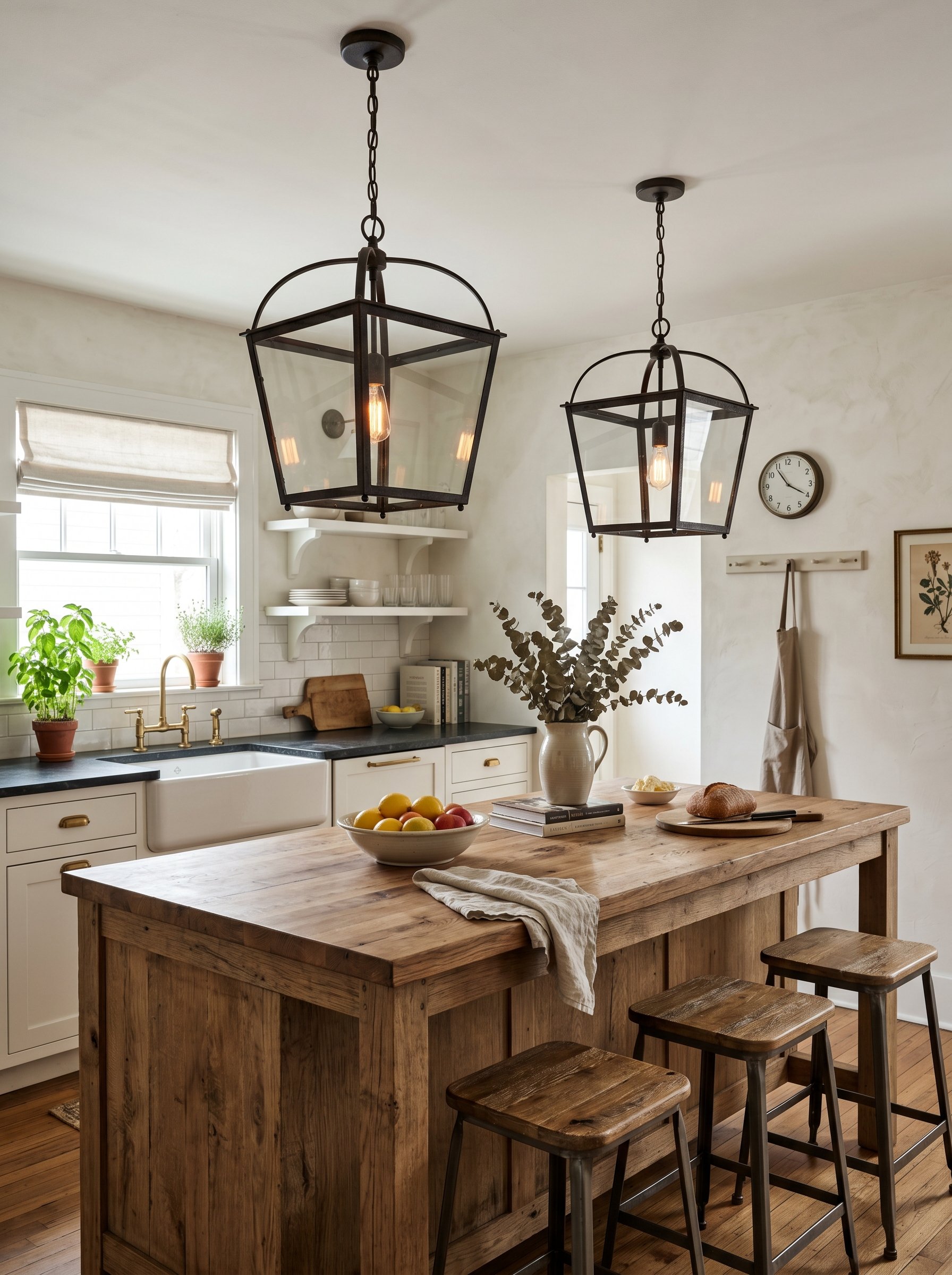 Photorealistic interior photo. Oversized, open-frame wrought-iron lantern pendants hanging over a large rustic wood kitchen island. Plaster walls in the background. Editorial photography style, no peo