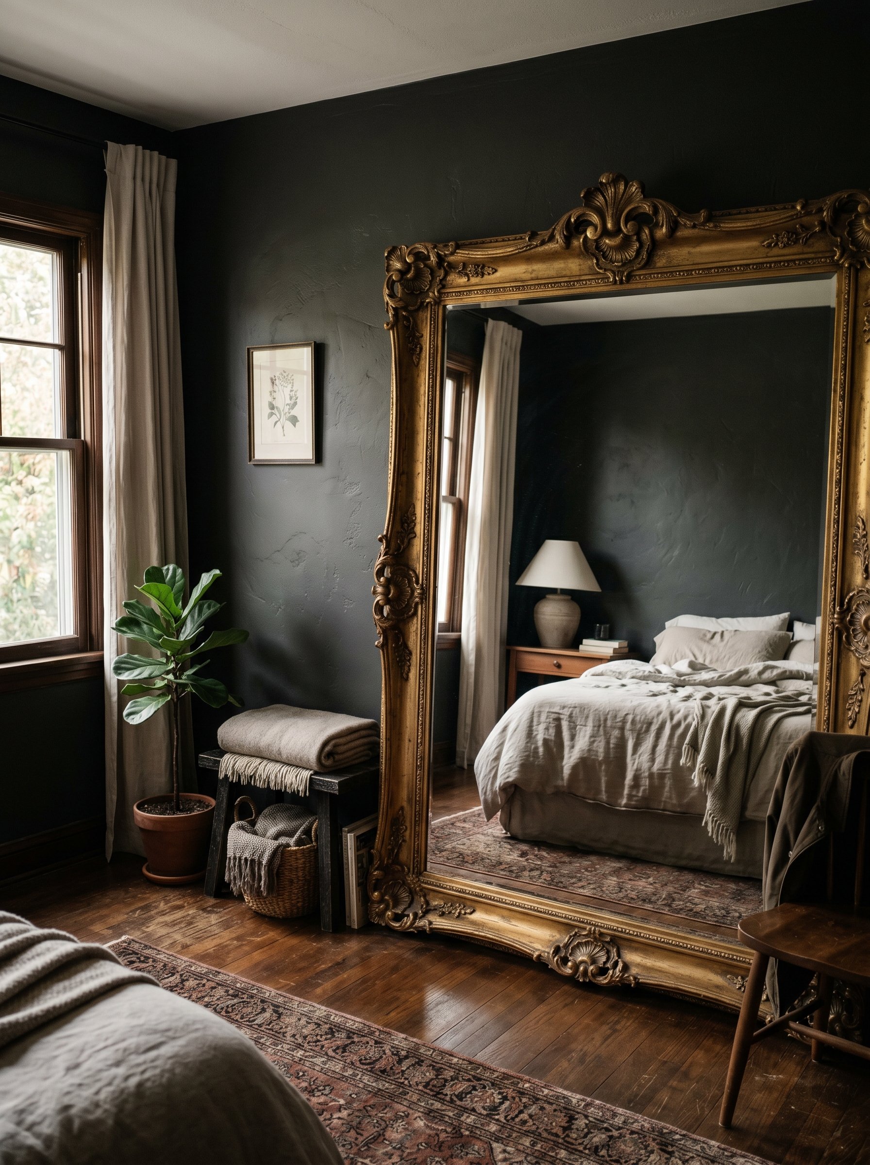 Photorealistic interior photo. Oversized ornate gold antique floor mirror leaning against a dark wall in a dimly lit bedroom, catching natural light from a window. Editorial photography style, no peop