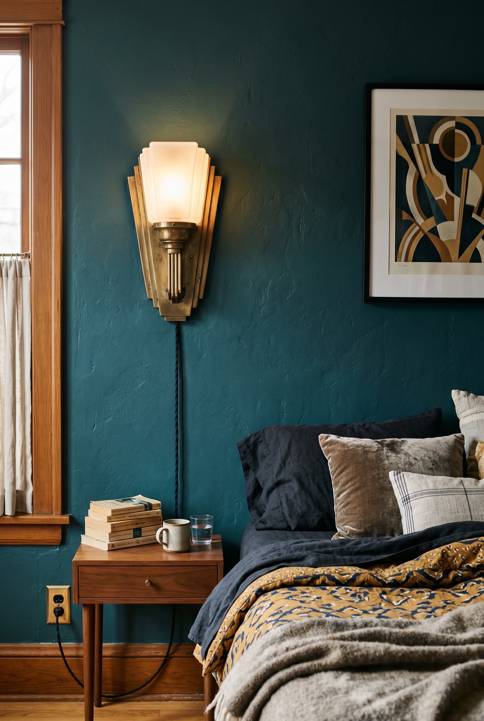 Photorealistic interior photo. Oversized vintage brass Art Deco plug-in wall sconce next to a bed, black cord running down a dark teal wall. Editorial photography style, no people visible.