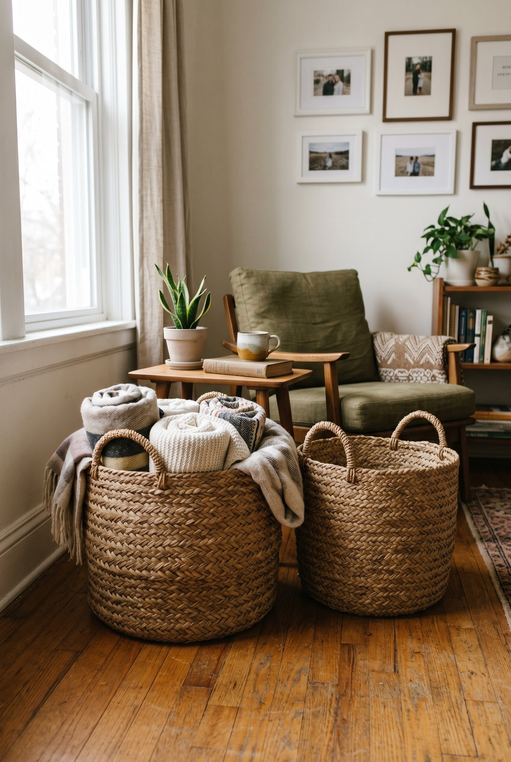 Photorealistic interior photo. Oversized woven palm leaf baskets from Guerrero sitting on a hardwood floor, one filled with rolled blankets. Earthy, organic texture. Editorial photography style, no pe