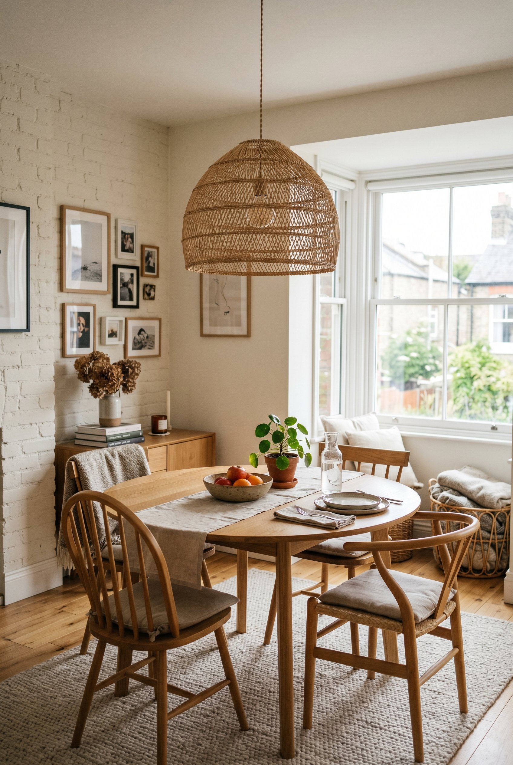 Photorealistic interior photo. Oversized woven rattan pendant light hanging above a white oak dining table. Editorial photography style, no people visible.
