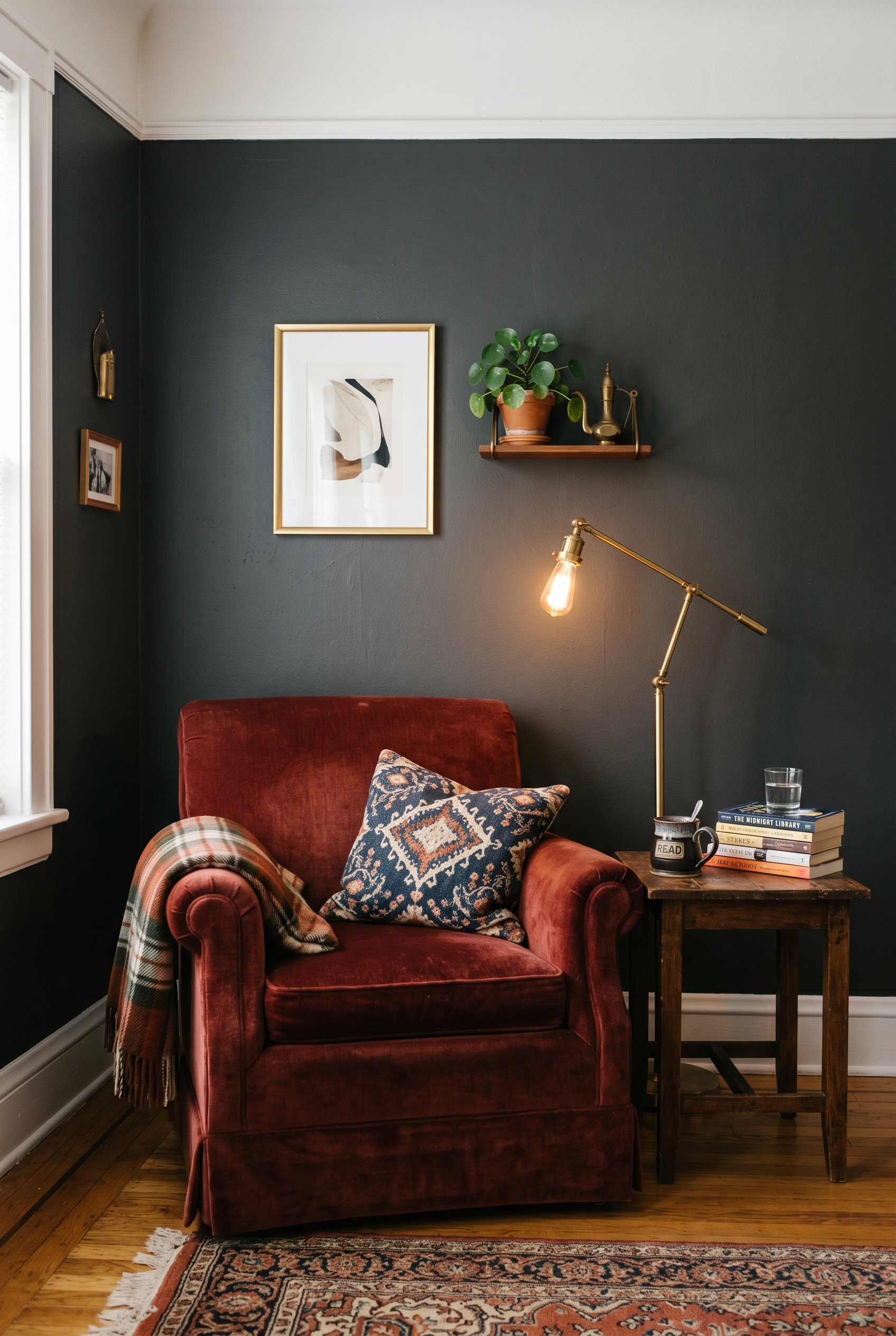Photorealistic interior photo. Oxblood red velvet armchair sitting in front of a dark charcoal painted wall, side table with a brass reading lamp, straight-on camera angle. Editorial photography style