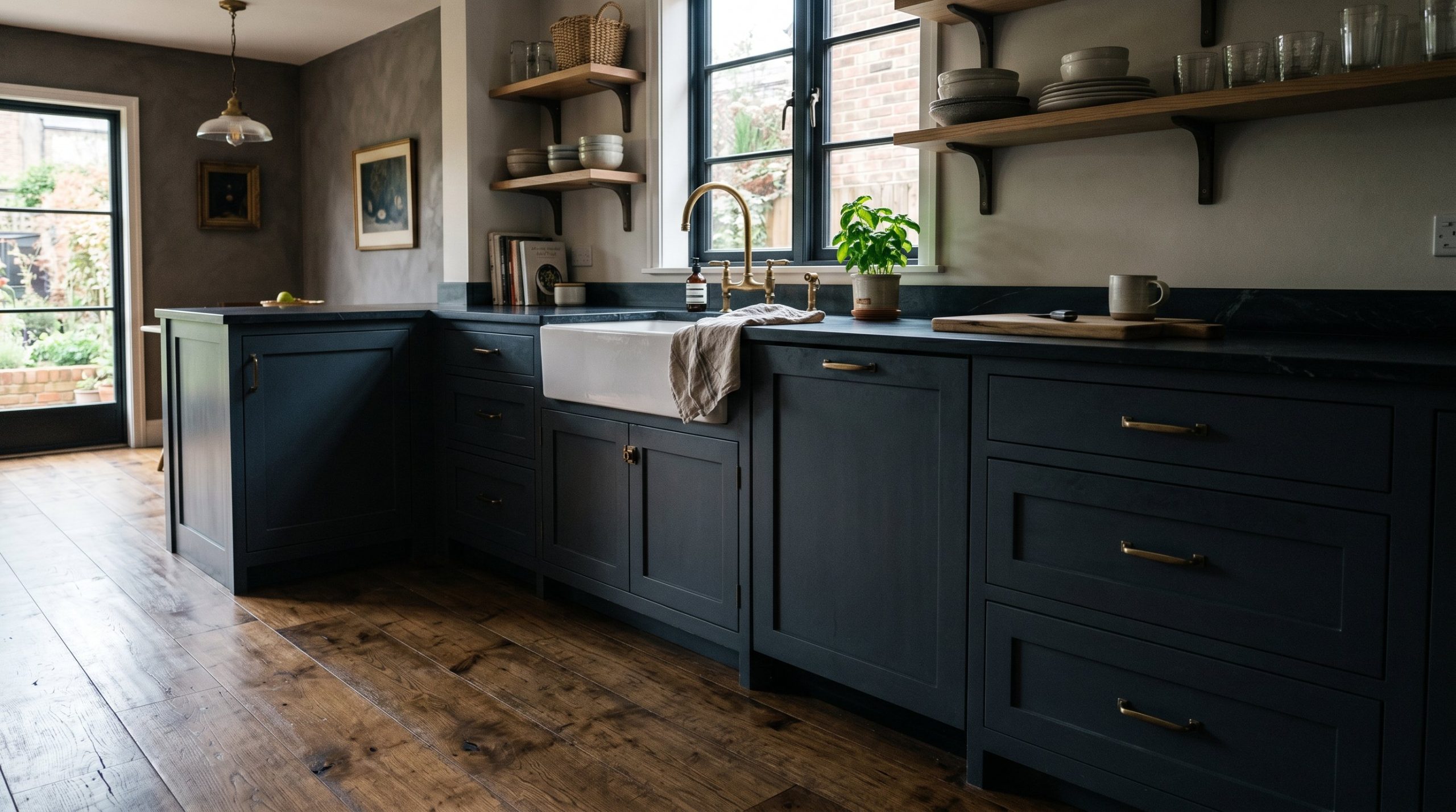 Photorealistic interior photo. Panel-ready dishwasher blending seamlessly into moody lower cabinets, wide plank oak floors, dramatic shadows. Editorial photography style, no people visible.
