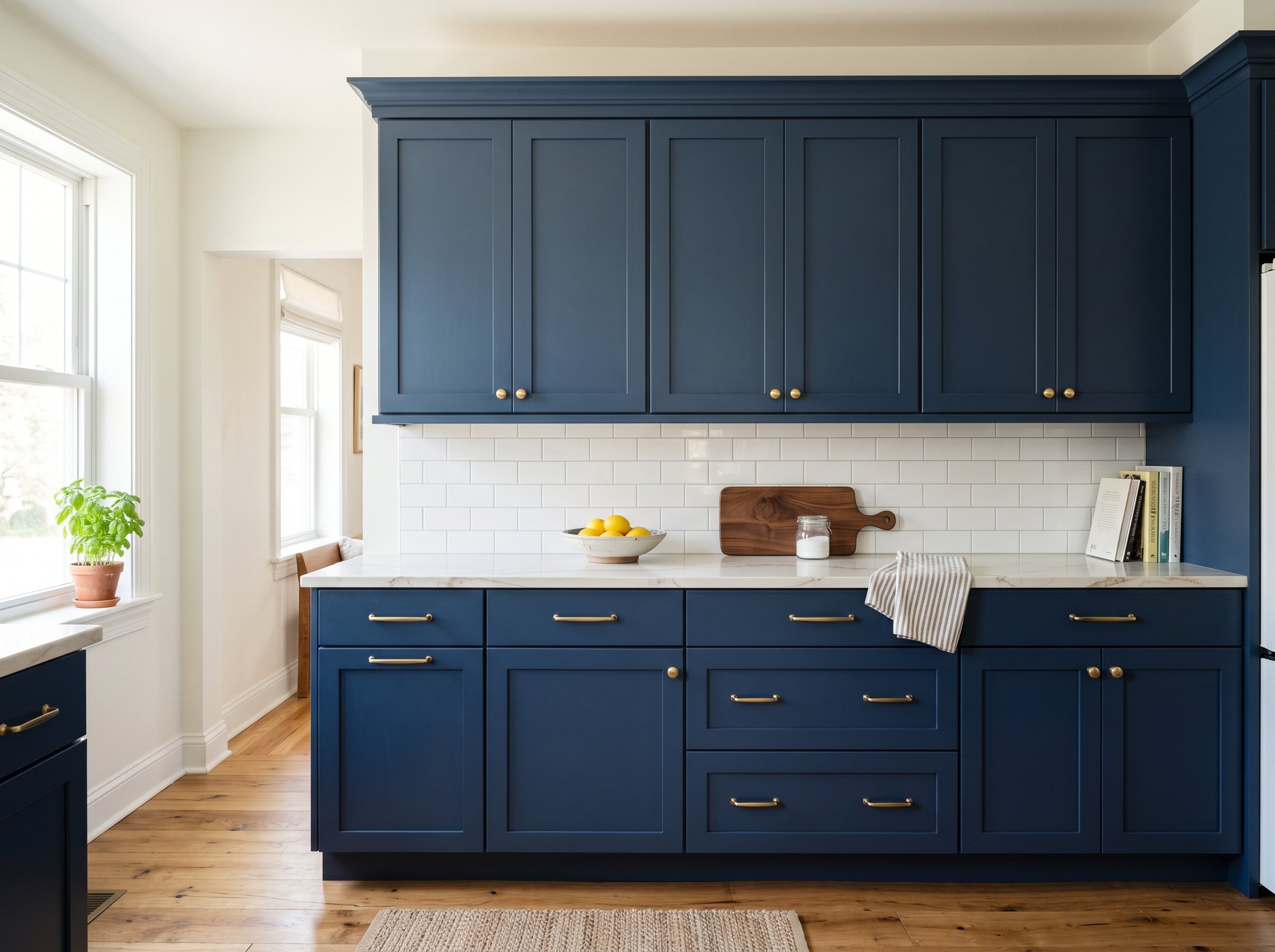 Photorealistic interior photo. Perfectly smooth painted shaker cabinet doors in navy blue, showcasing seamless MDF construction, bright natural light, straight-on camera angle. Editorial photography s