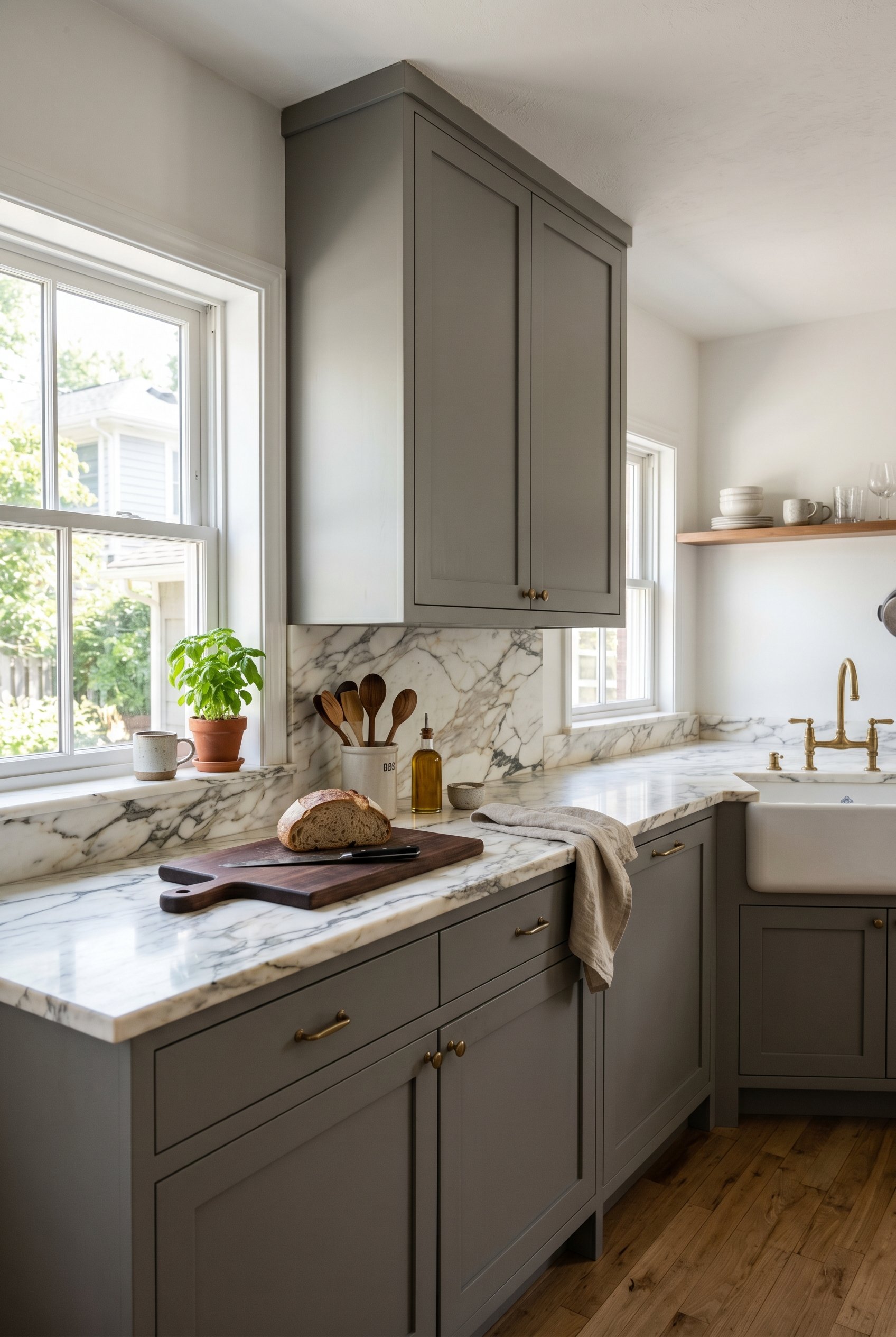 Photorealistic interior photo. Quiet solid-color matte grey cabinets paired with heavily veined Calacatta marble countertops, bright natural light, eye-level camera angle. Editorial photography style,