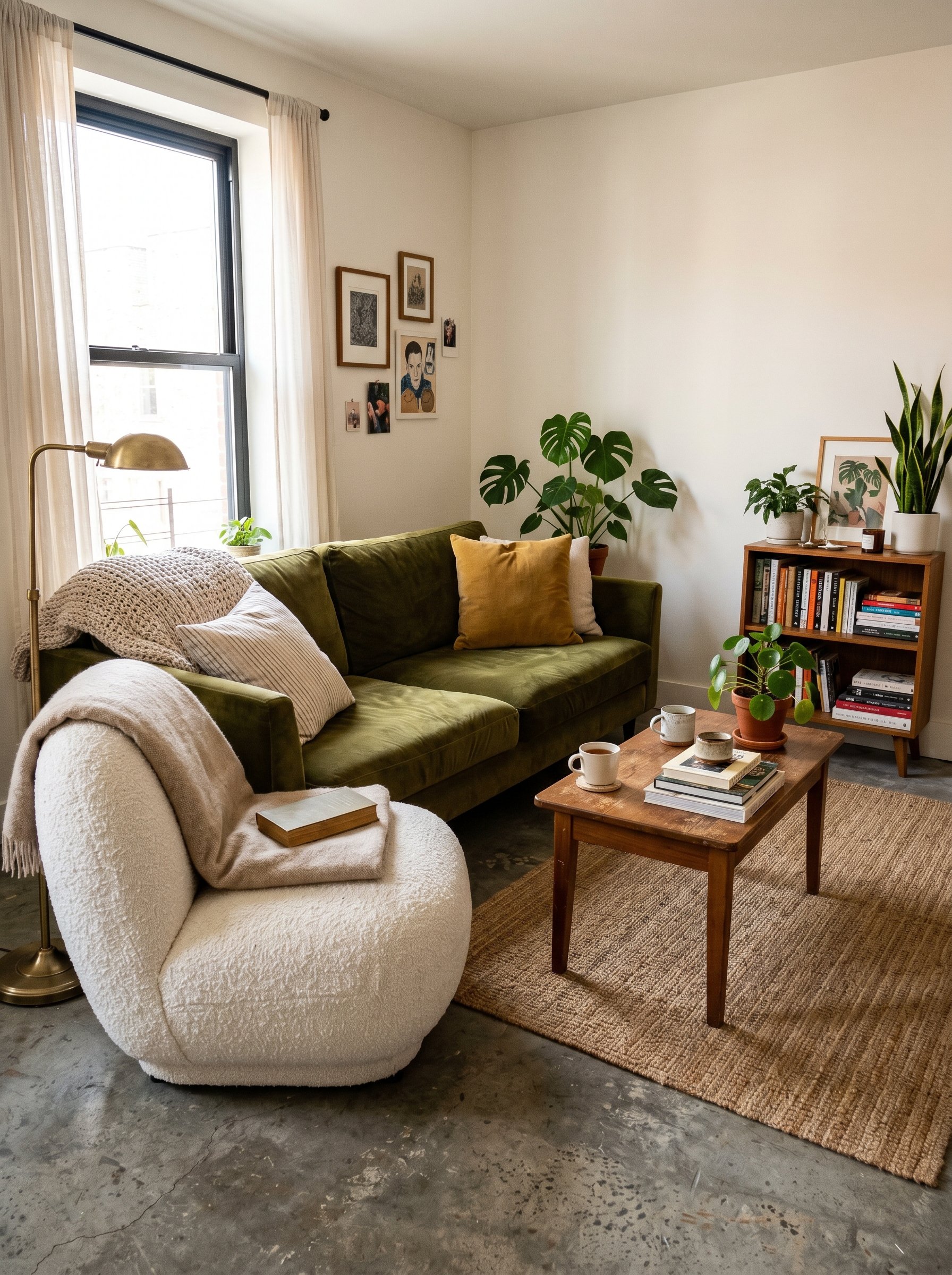 Photorealistic interior photo. Raw industrial gray concrete floor paired with a plush olive green velvet sofa and an oversized white bouclé armchair, high-contrast textures. Editorial photography styl