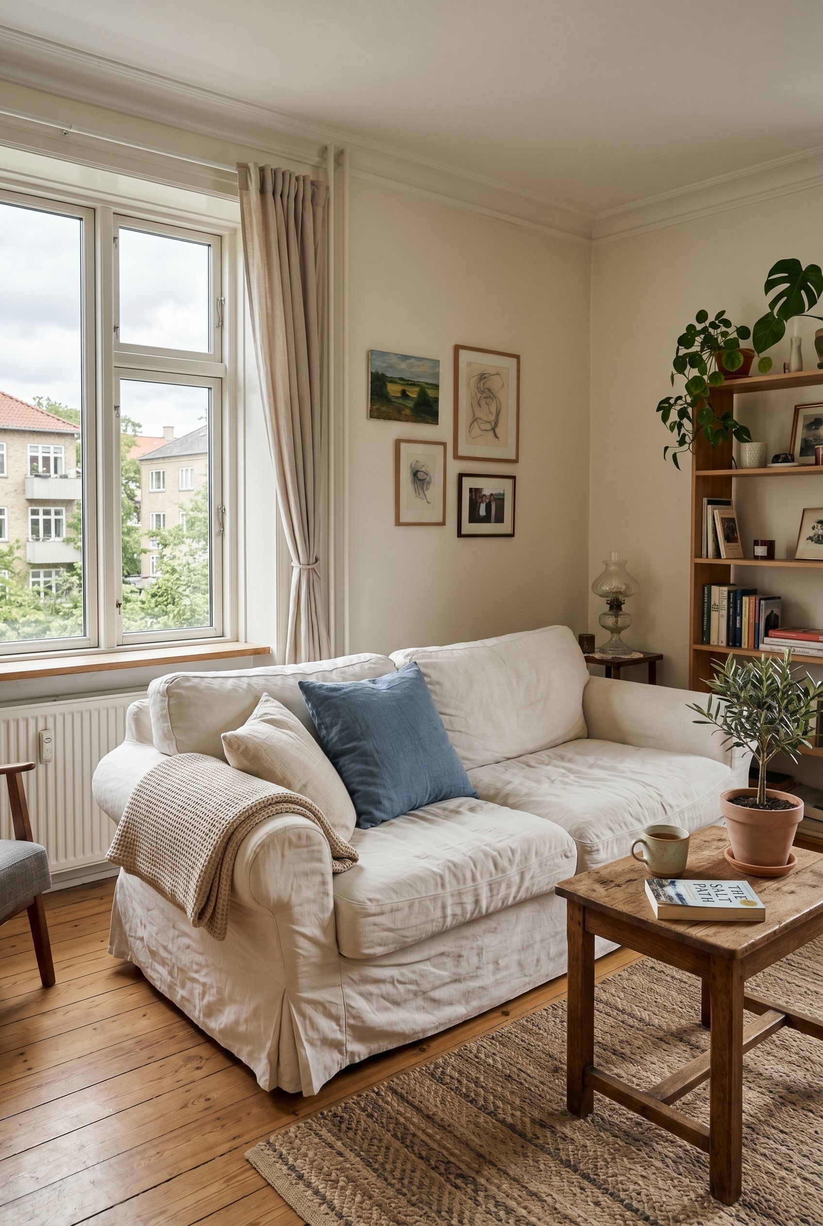 Photorealistic interior photo. Rumpled, breathable Belgian linen slipcovered sofa in warm white with a muted blue linen throw pillow. Editorial photography style, no people visible.