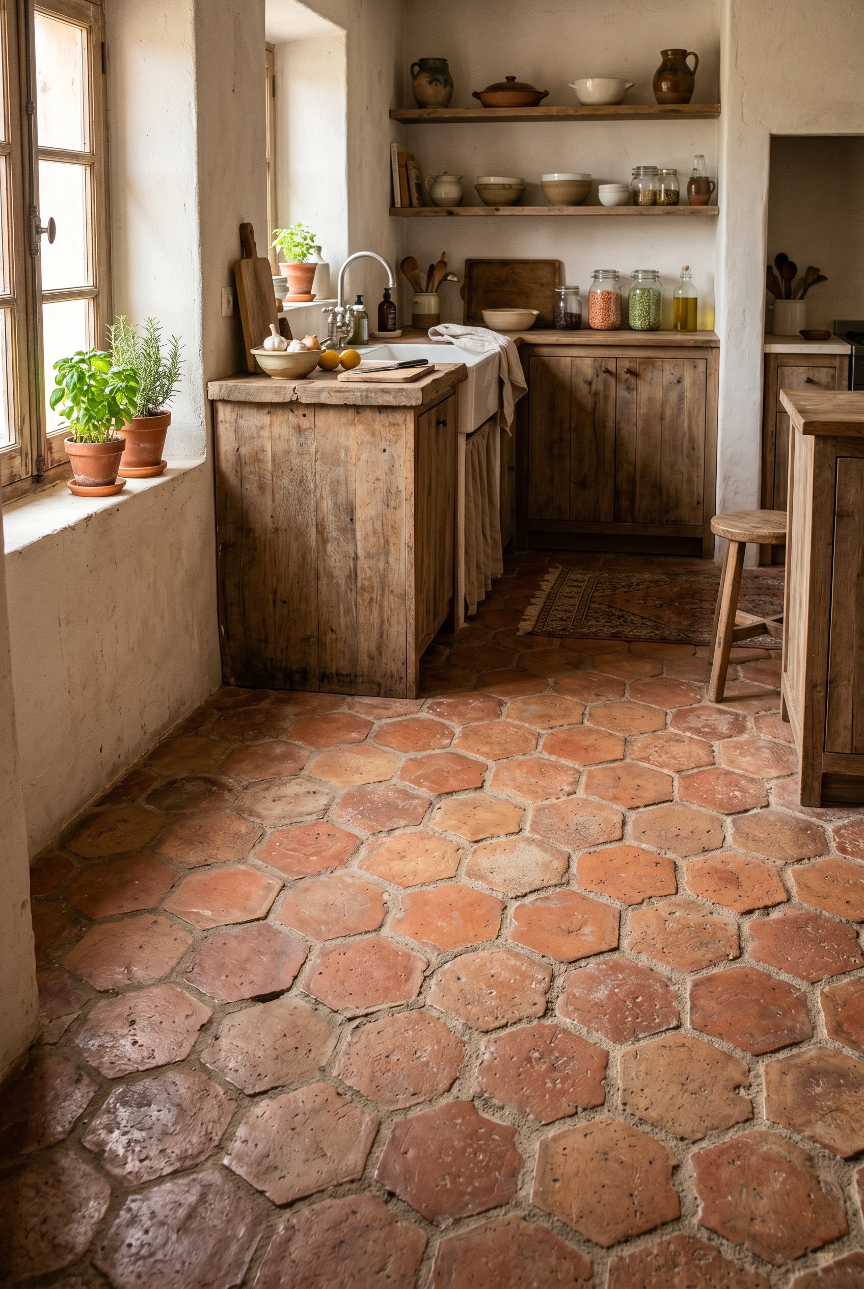 Photorealistic interior photo. Rustic Mediterranean kitchen flooring, authentic reclaimed terracotta hex tiles, thick messy sandy grout lines, dusty natural light hitting the floor. Editorial photogra