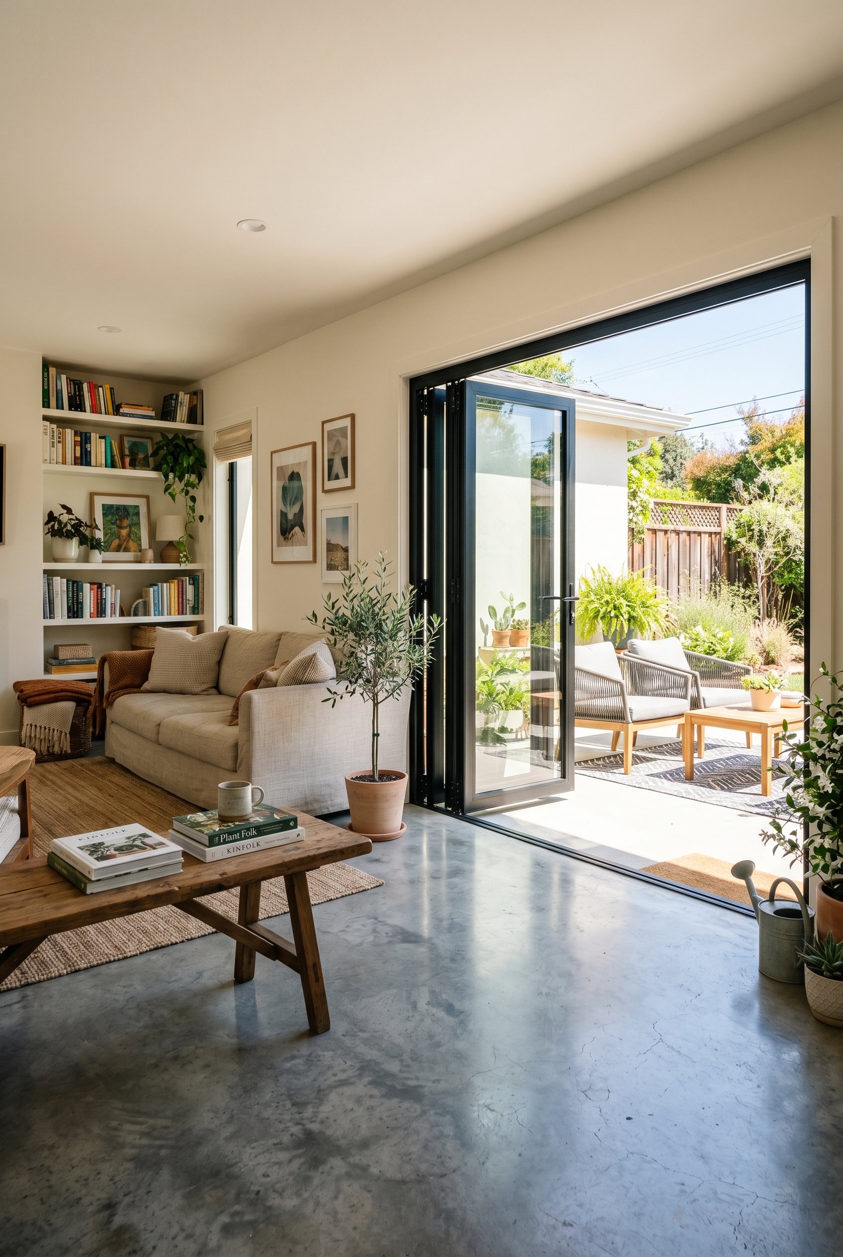 Photorealistic interior photo. Seamless transition of a polished gray concrete floor from an indoor living room extending out to an outdoor patio through open bi-fold glass doors, bright sunny day. Ed