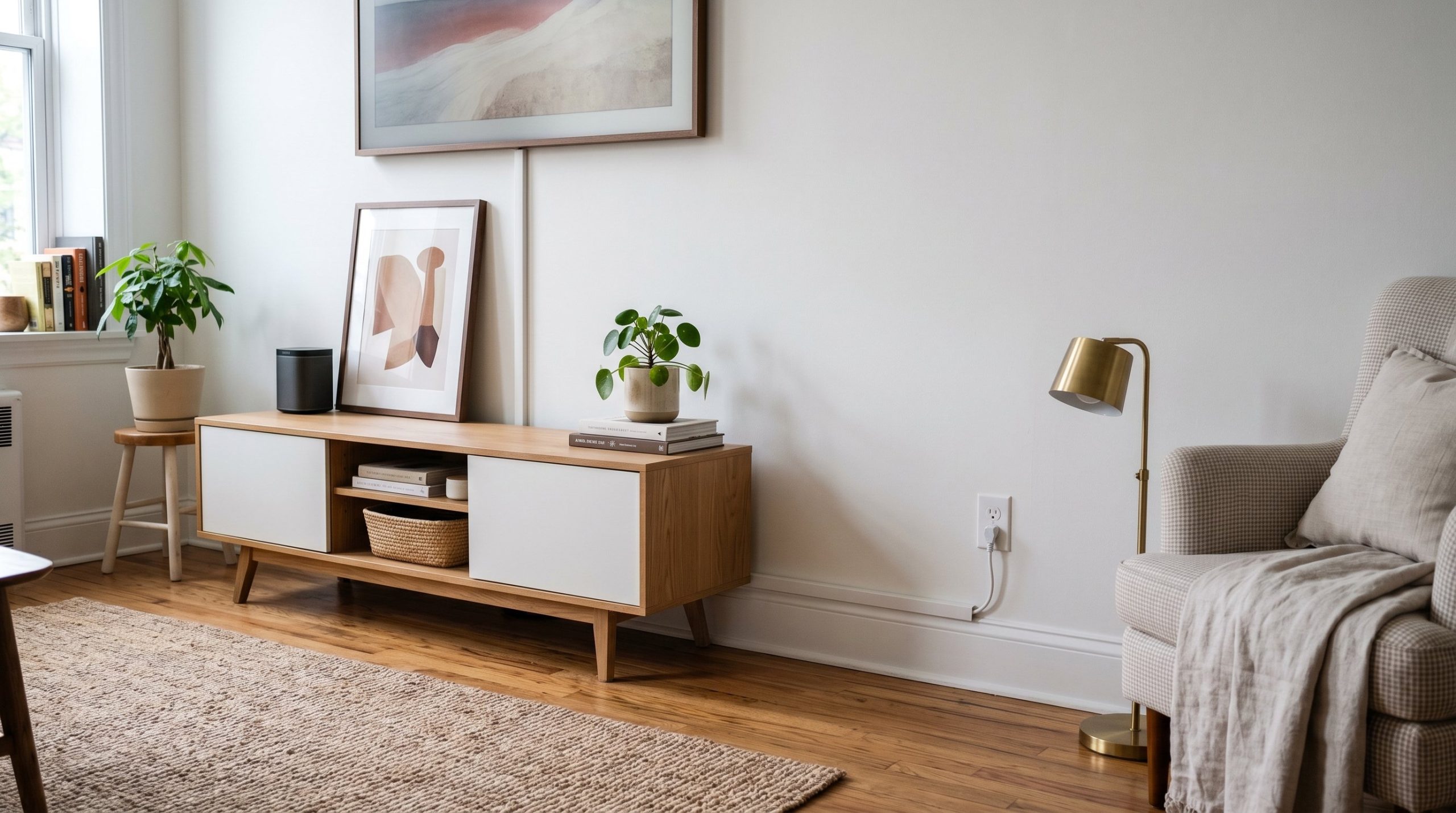 Photorealistic interior photo. Seamless white wall baseboard with a perfectly camouflaged painted cord cover running underneath a sleek media console. Editorial photography style, no people visible.