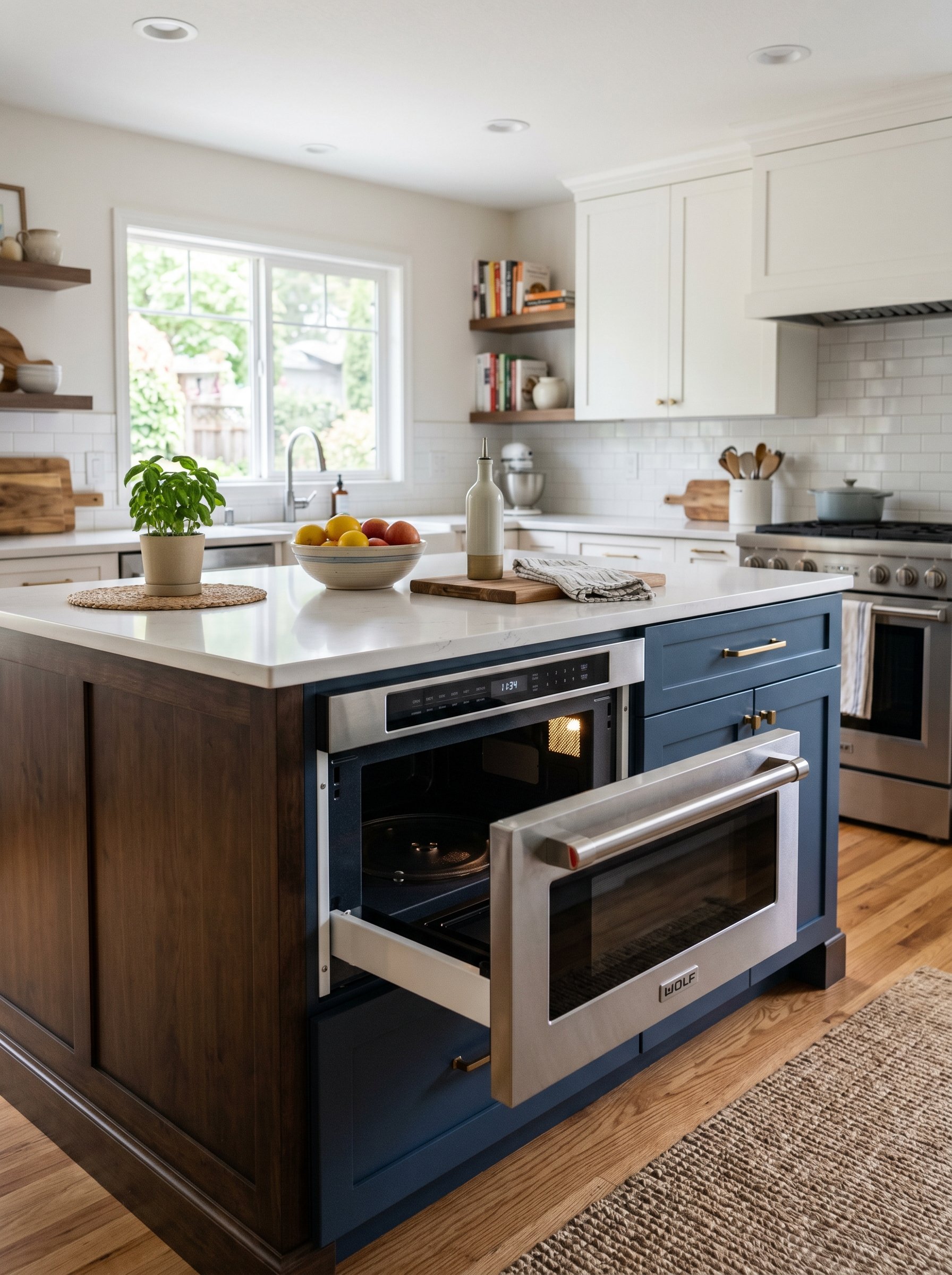 Photorealistic interior photo. Sharp microwave drawer pulled open slightly, installed in the base of a modern kitchen island, bright ambient lighting. Editorial photography style, no people visible.