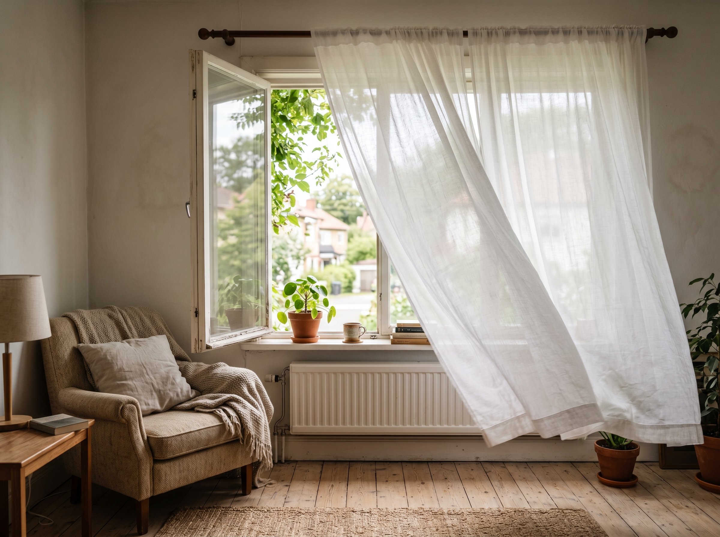 Photorealistic interior photo. Sheer white linen curtains blowing slightly in the breeze by an open window, bright diffused natural sunlight, soft shadows, low angle shot. Editorial photography style,