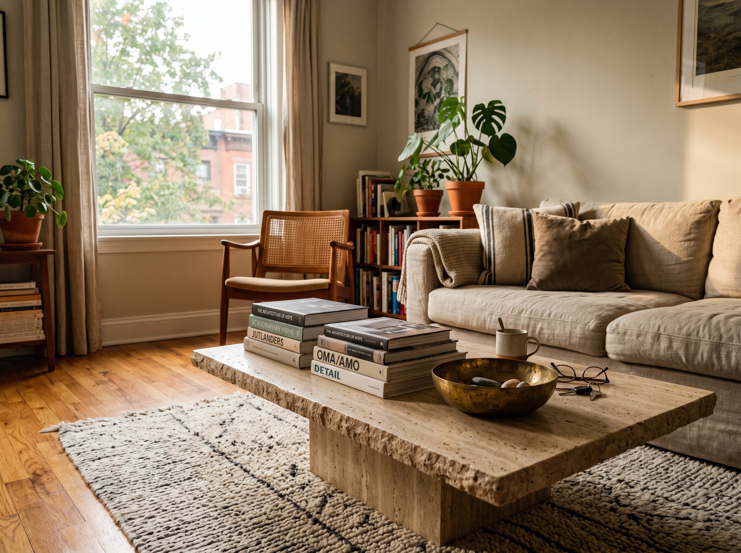 Photorealistic interior photo. Sleek low-profile travertine coffee table styled with heavy architecture books and a brass bowl, warm sunlight, low camera angle. Editorial photography style, no people 