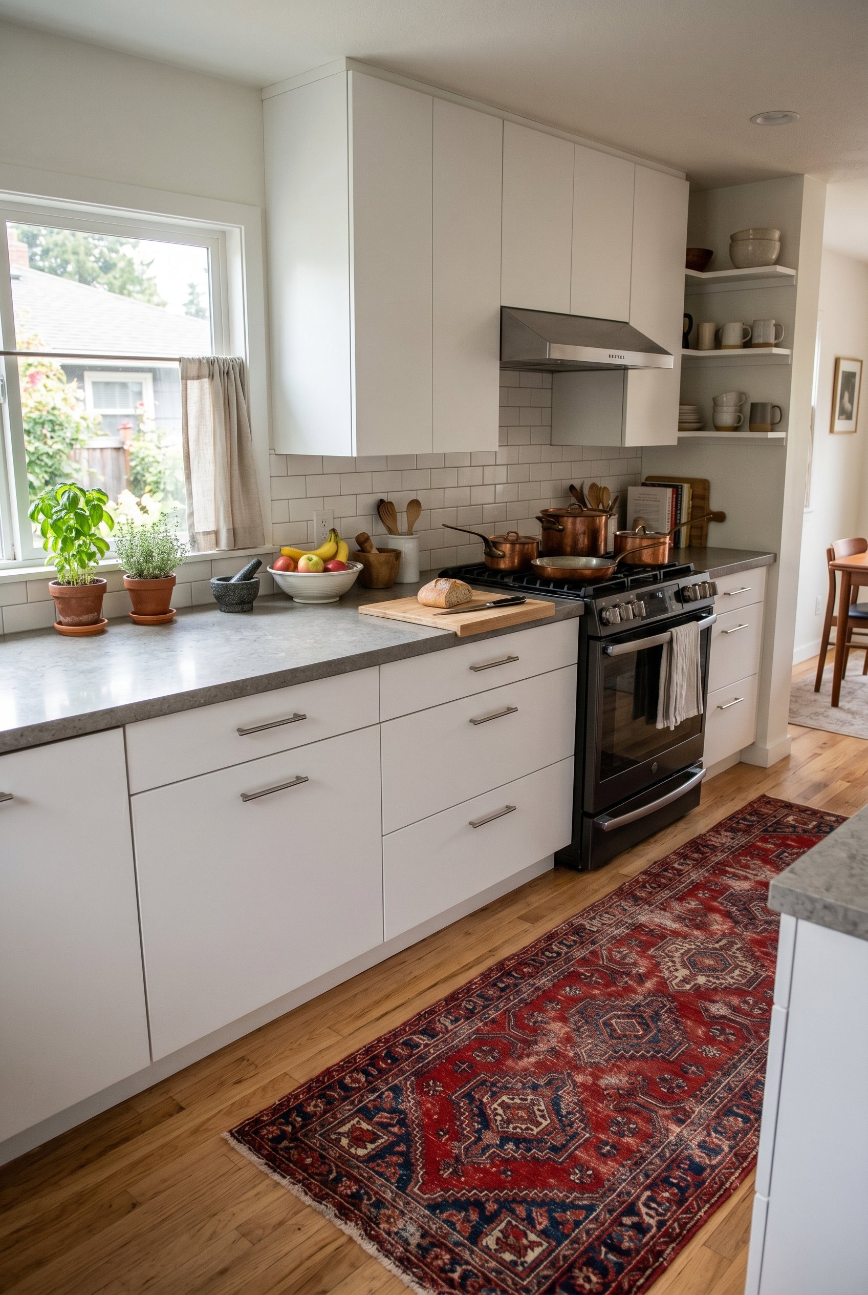 Photorealistic interior photo. Sleek modern flat-panel white kitchen cabinets paired with a distressed vintage red Persian runner rug on the floor, antique copper pots on the stove. Editorial photogra