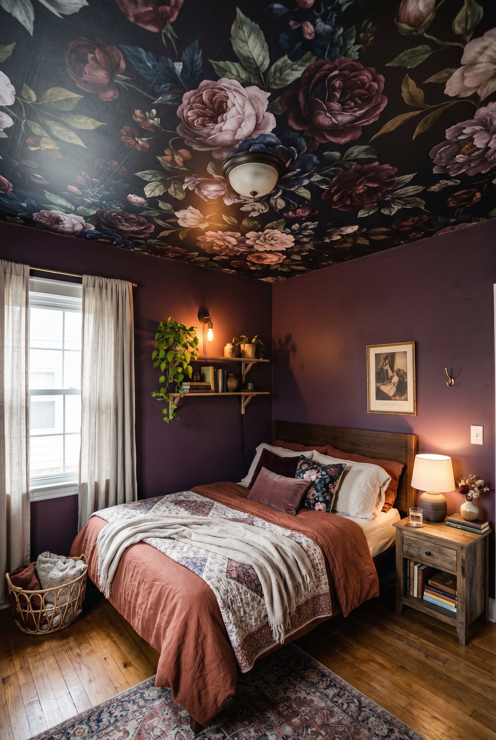 Photorealistic interior photo. Small bedroom with a dramatic dark floral peel-and-stick mural on the ceiling, deep plum walls. Editorial photography style, no people visible.