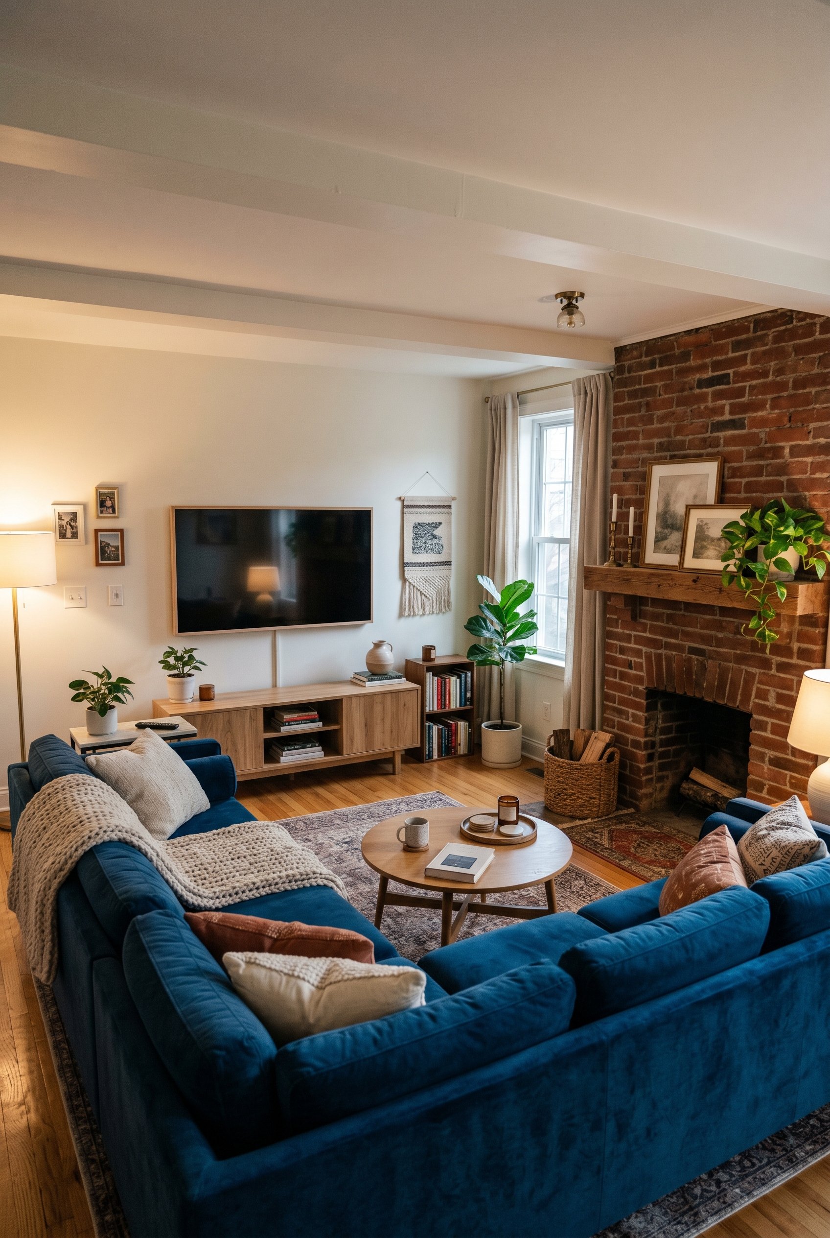 Photorealistic interior photo. Small living room layout featuring a deep blue sectional oriented toward a mounted flat-screen TV, with a brick fireplace visible on the adjacent wall. Editorial photogr