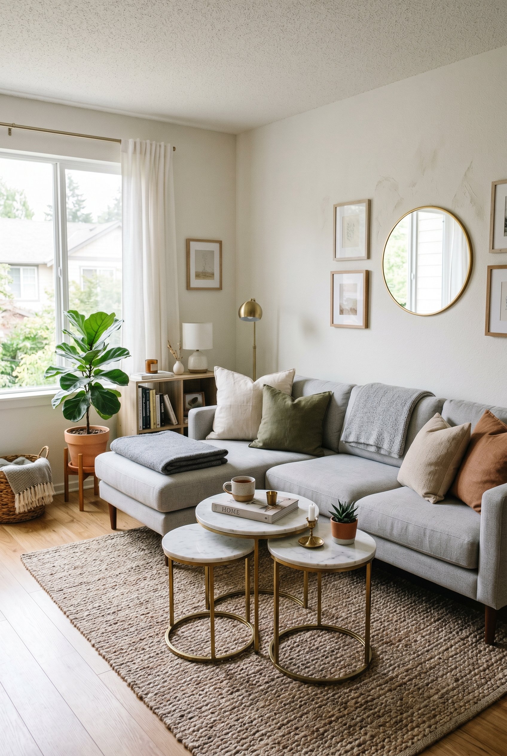 Photorealistic interior photo. Small living room with a light grey sectional paired with three small round nesting tables in marble and brass, instead of a large coffee table. Editorial photography st