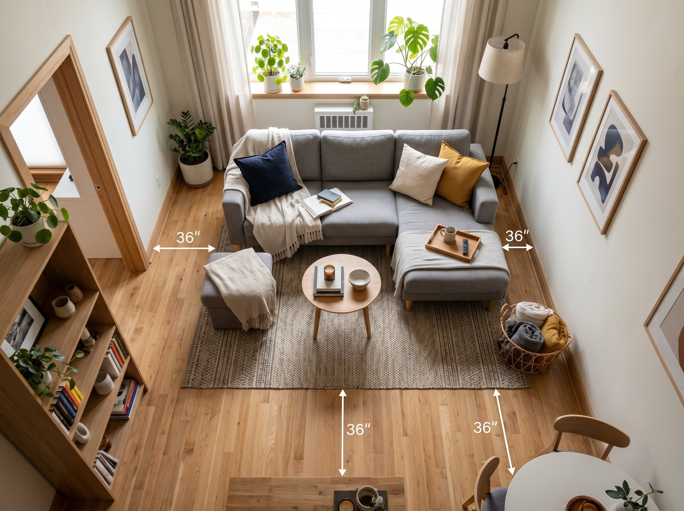 Photorealistic interior photo. Small modern living room, top-down angled view showing 36-inch clear walking paths around a sleek grey sectional sofa, light oak floors. Editorial photography style, nat