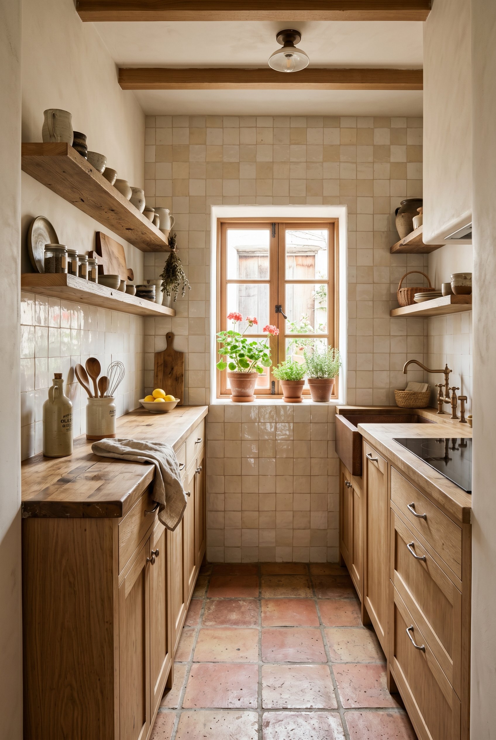 Photorealistic interior photo. Small narrow galley kitchen with Mediterranean styling. Warm white plaster walls, continuous glossy zellige tile backsplash to the ceiling, no upper cabinets, light and