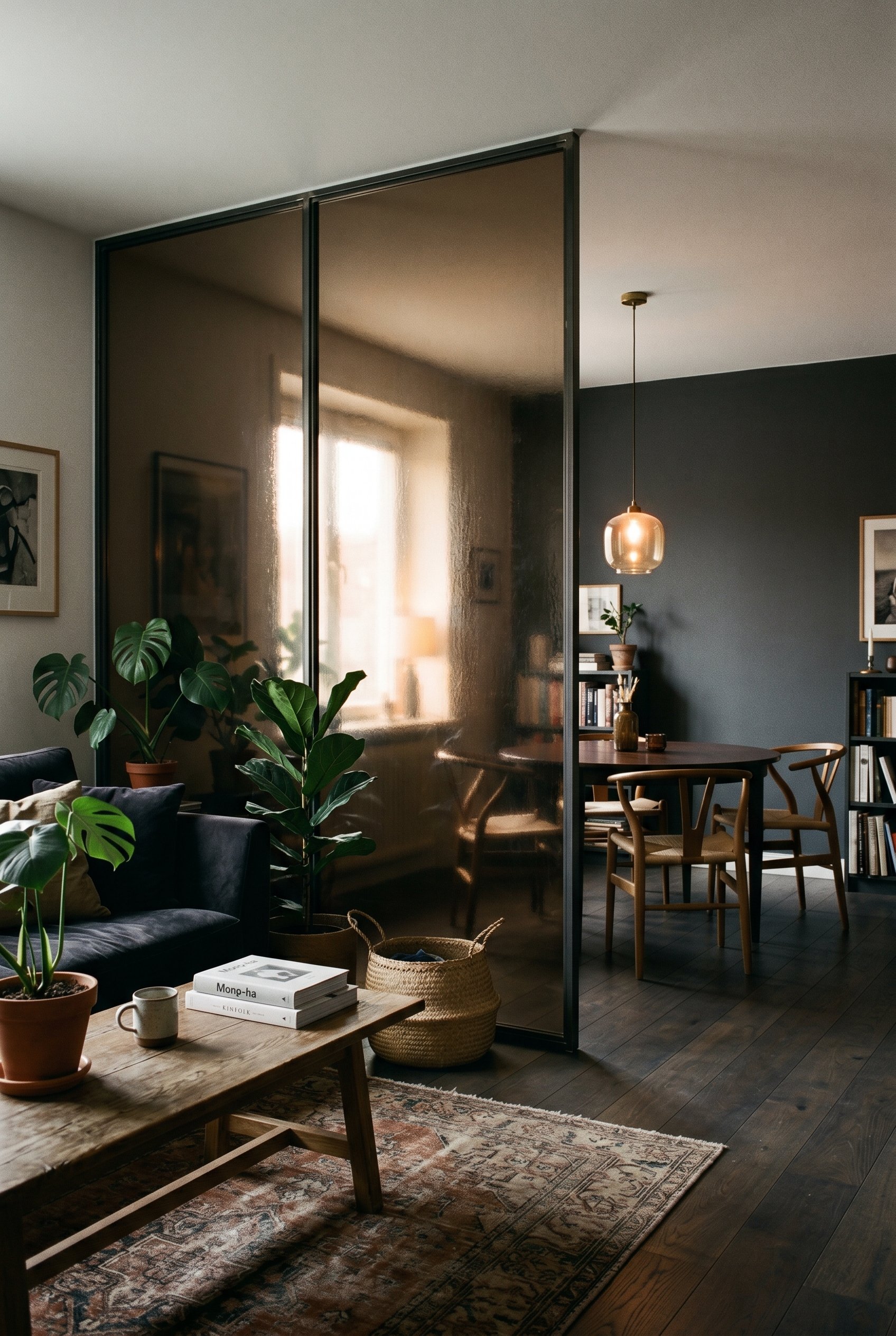 Photorealistic interior photo. Smoked glass room divider partition in a moody dark open-plan living space, soft backlight shining through the glass, side camera angle. Editorial photography style, no 
