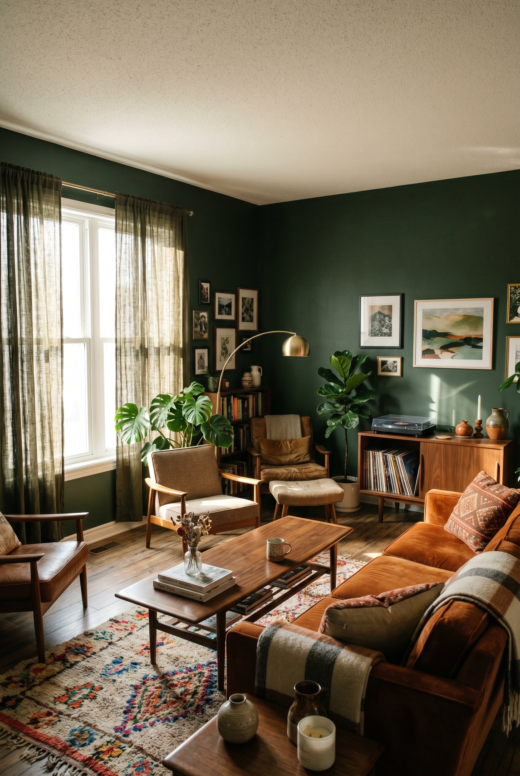 Photorealistic interior photo. South-facing living room with deep green walls, intense natural sunlight streaming through sheer dark linen curtains, mid-century furniture, wide camera angle. Editorial