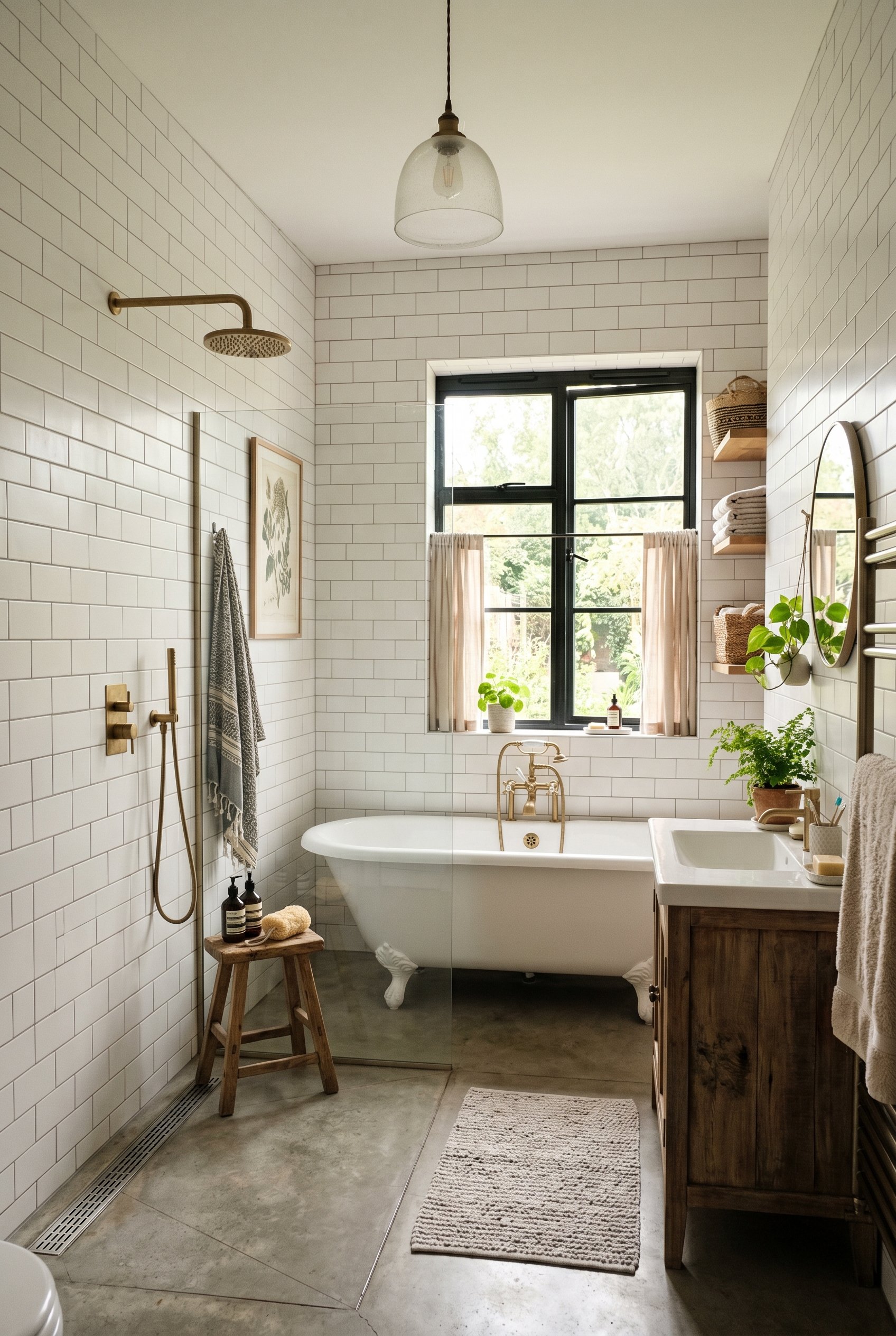 Photorealistic interior photo. Spacious wet room bathroom with floor-to-ceiling white subway tile on all four walls, a freestanding tub, and a glass shower partition, bright and airy. Editorial photog