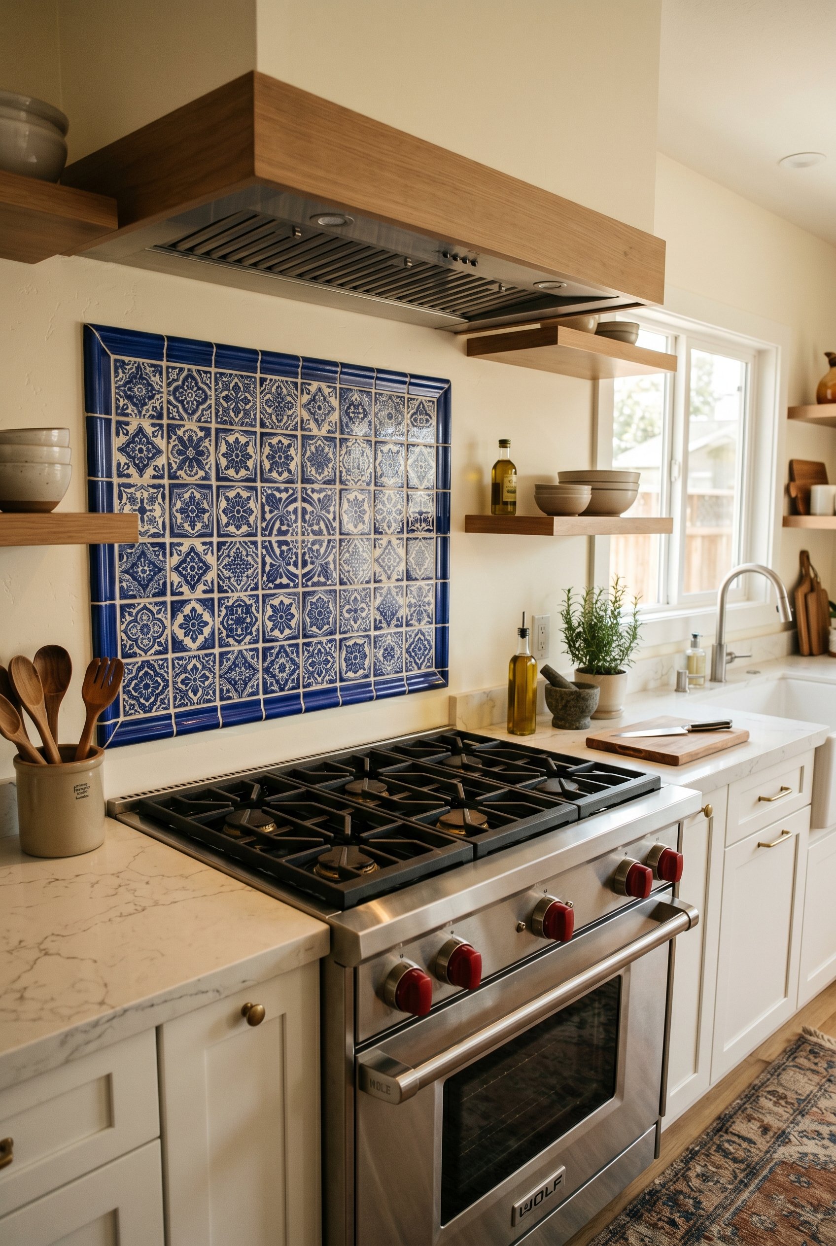 Photorealistic interior photo. Square inset of hand-painted blue and white Talavera tile acting as a backsplash focal point directly behind a luxury gas range. Honed quartz counters. Editorial photogr