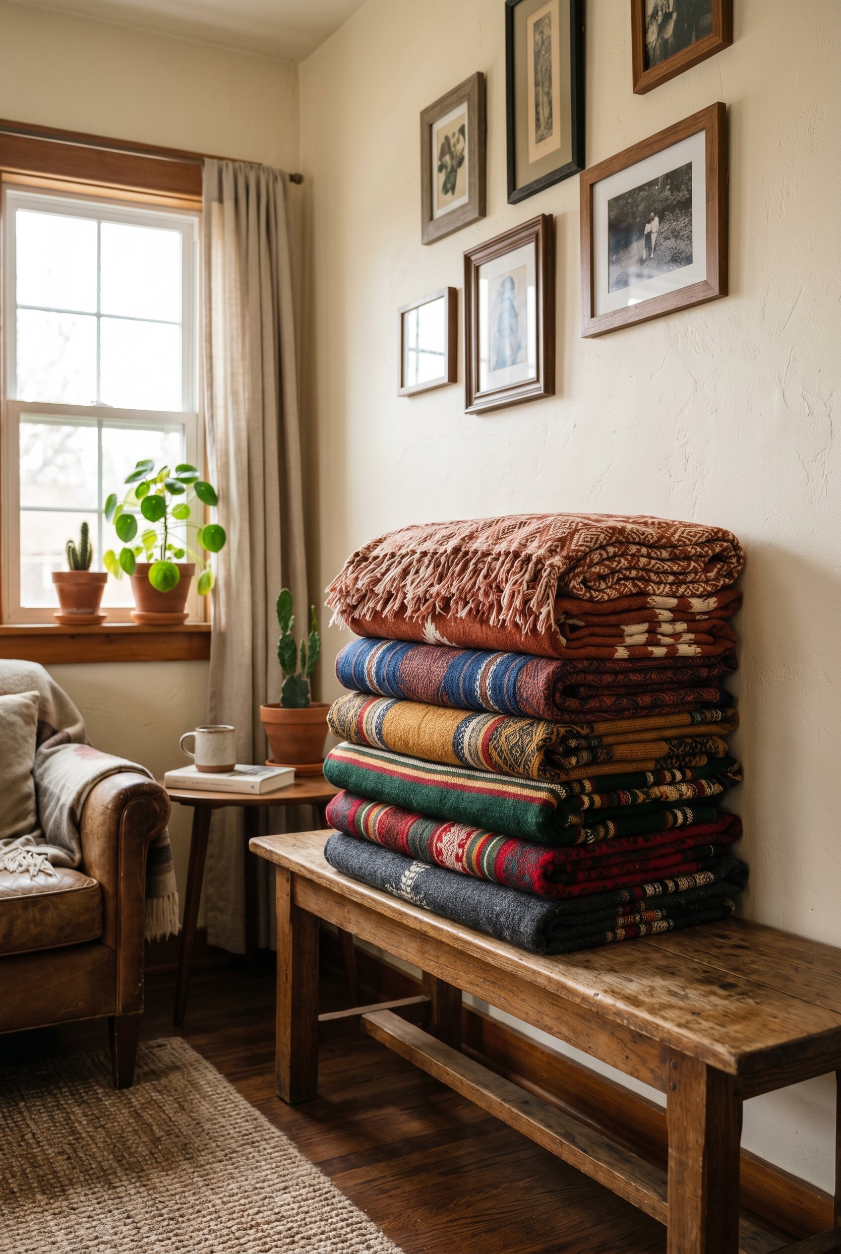 Photorealistic interior photo. Stack of authentic, tightly handwoven Mexican textiles and blankets on a wooden bench. Rich earthy colors, extreme detail on the weaving, editorial photography style, no