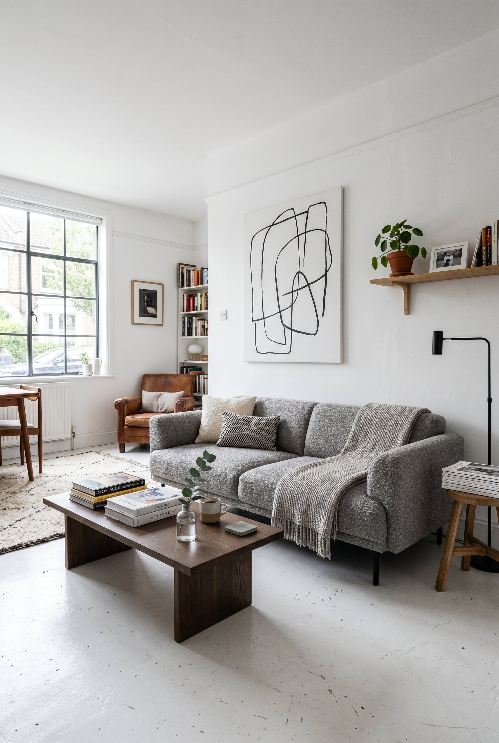 Photorealistic interior photo. Stark white painted concrete living room floor, bright gallery-like space, minimal modern furniture, high contrast. Editorial photography style, no people visible.