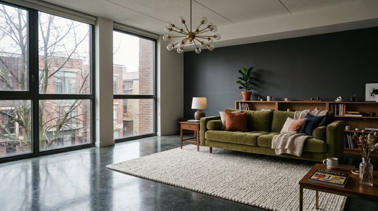 Photorealistic interior photo. Striking, moody living room featuring a perfectly polished, dark gray concrete floor reflecting a statement mid-century modern chandelier. A plush olive green velvet sof