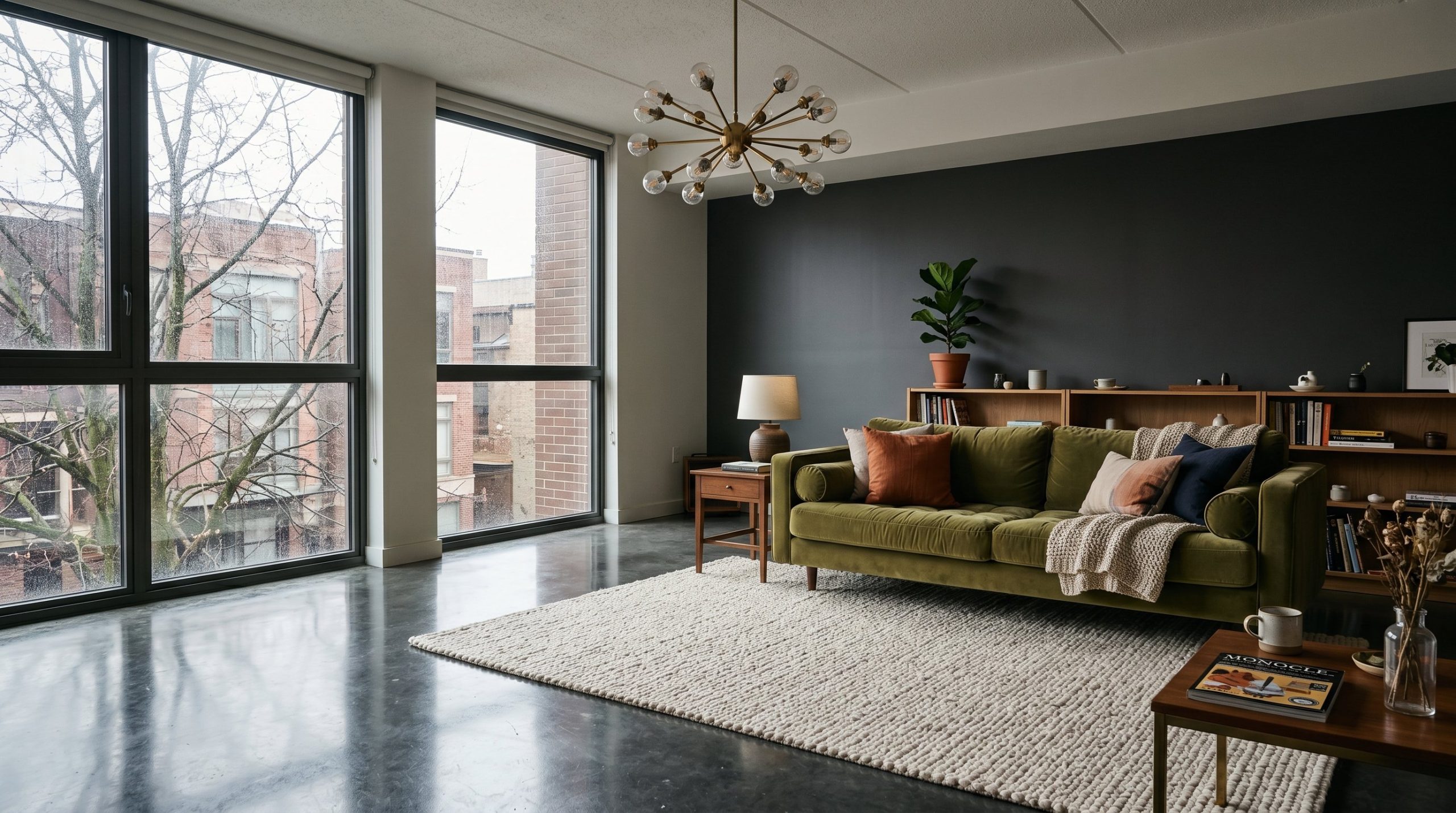 Photorealistic interior photo. Striking, moody living room featuring a perfectly polished, dark gray concrete floor reflecting a statement mid-century modern chandelier. A plush olive green velvet sof