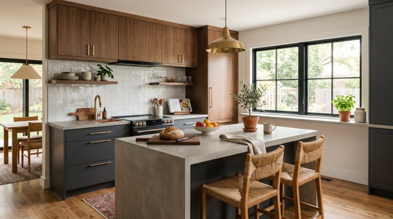 Photorealistic interior photo. Stunning modern kitchen featuring a mix of matte charcoal painted lower cabinets and grain-matched walnut upper cabinets, soft sunlight streaming in, high-end editorial
