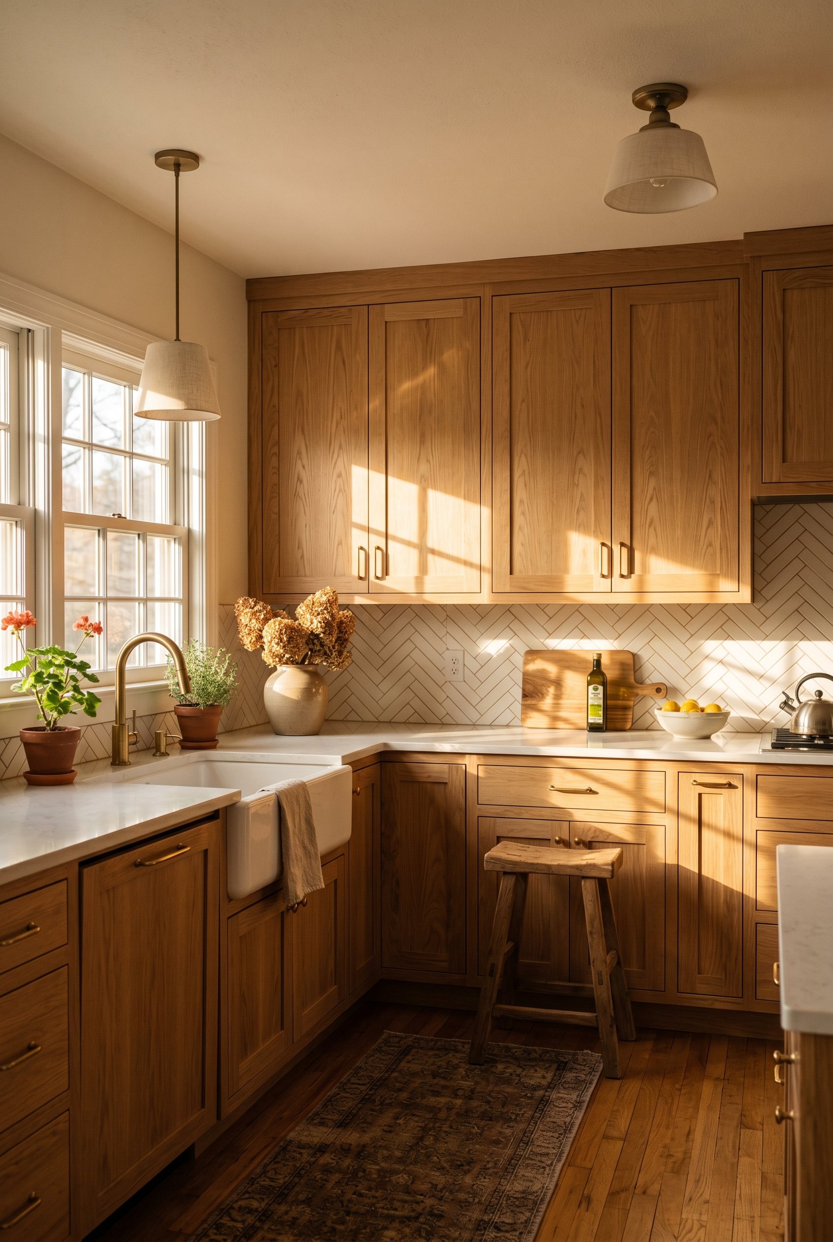 Photorealistic interior photo. Sunlit kitchen showing natural white oak cabinets, strong rays of sunlight hitting the wood, warm golden hour lighting, angled shot. Editorial photography style, no peop