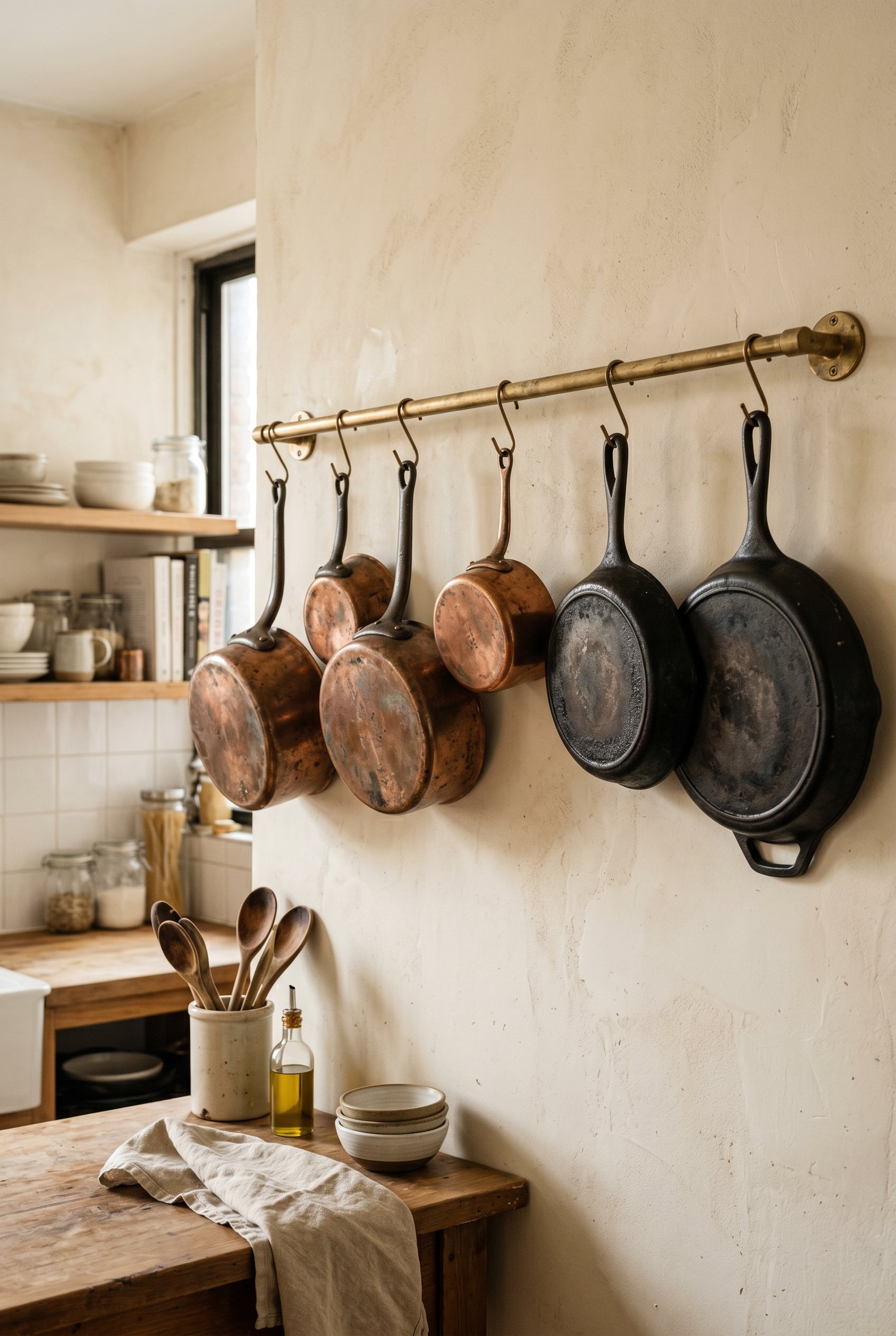 Photorealistic interior photo. Tarnished vintage copper pots and cast iron skillets hanging from a simple unlacquered brass rail mounted on a plaster kitchen wall. Editorial photography style, no peop