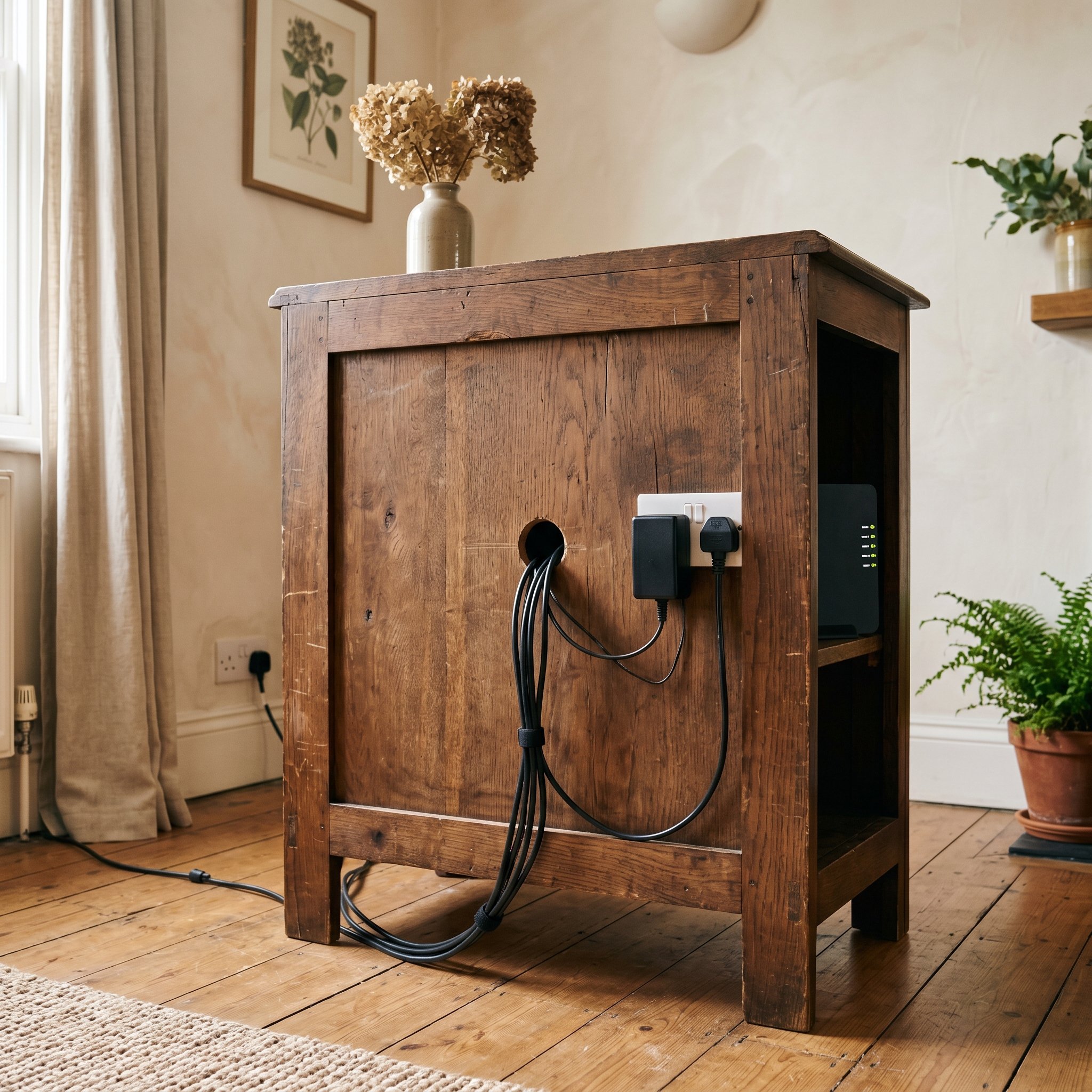 Photorealistic interior photo. The back of a vintage wooden cabinet with a neatly drilled hole hiding black router cables, clean aesthetic, natural light, close detail shot. Editorial photography styl