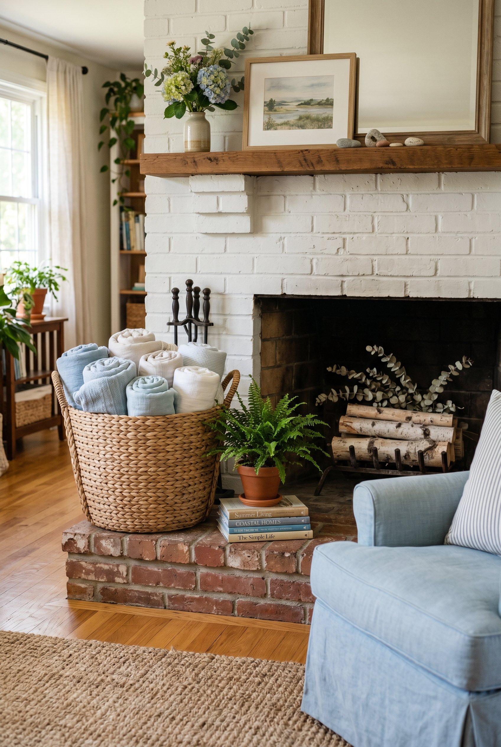 Photorealistic interior photo. The hearth of a fireplace decorated for summer. A large, structured woven basket sits on the floor next to the firebox, filled with tightly rolled, lightweight linen thr