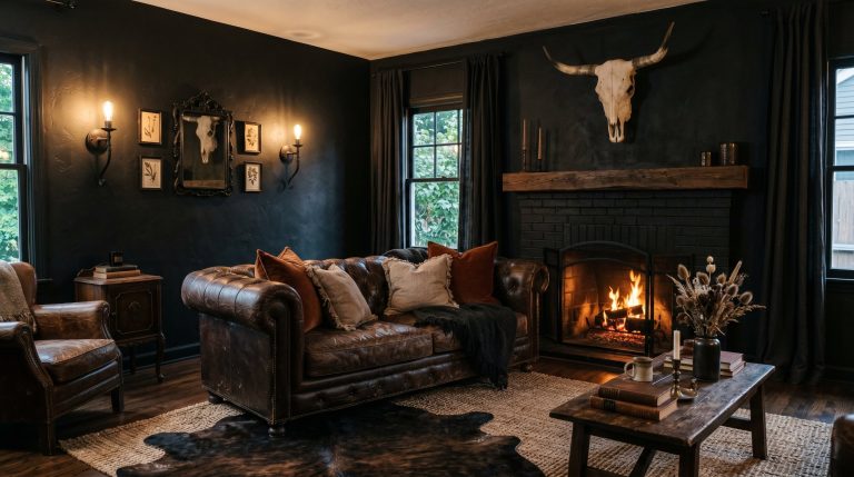 Photorealistic interior photo. The ultimate gothic western living room. Matte black limewash walls, a worn vintage leather Chesterfield sofa layered with heavy rust velvet pillows. A bleached steer sk