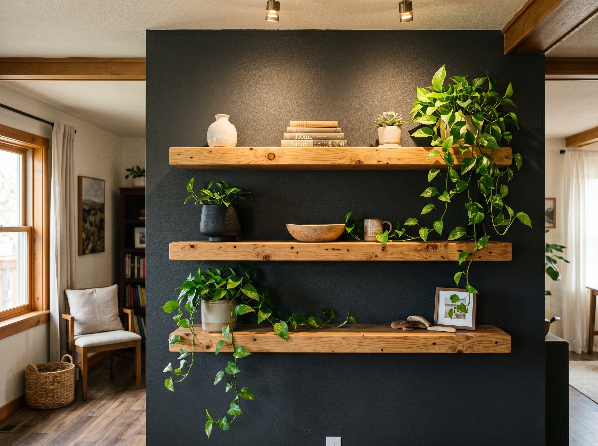 Photorealistic interior photo. Thick, floating solid pine wood shelves mounted on a dark charcoal wall. Styled with minimalist ceramics and trailing pothos plants. Focused spotlighting, editorial phot