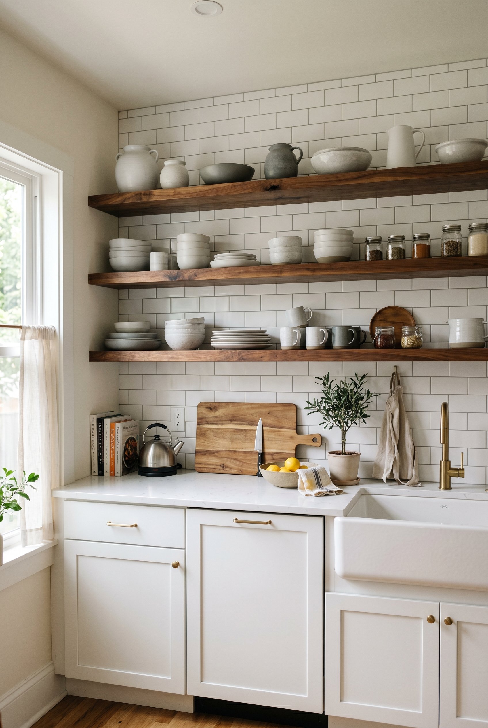 Photorealistic interior photo. Thick floating walnut shelves replacing upper cabinets, stacked with modern white and grey ceramics, white subway tile backsplash, bright lighting. Editorial photography