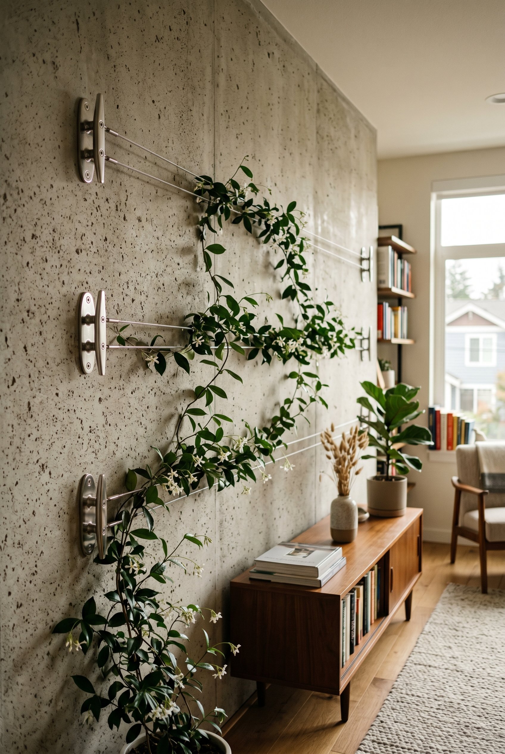 Photorealistic interior photo. Thin marine-grade stainless steel wire running horizontally between sleek metal cleats on a modern concrete wall. Star jasmine climbing the cables. High-end architectura