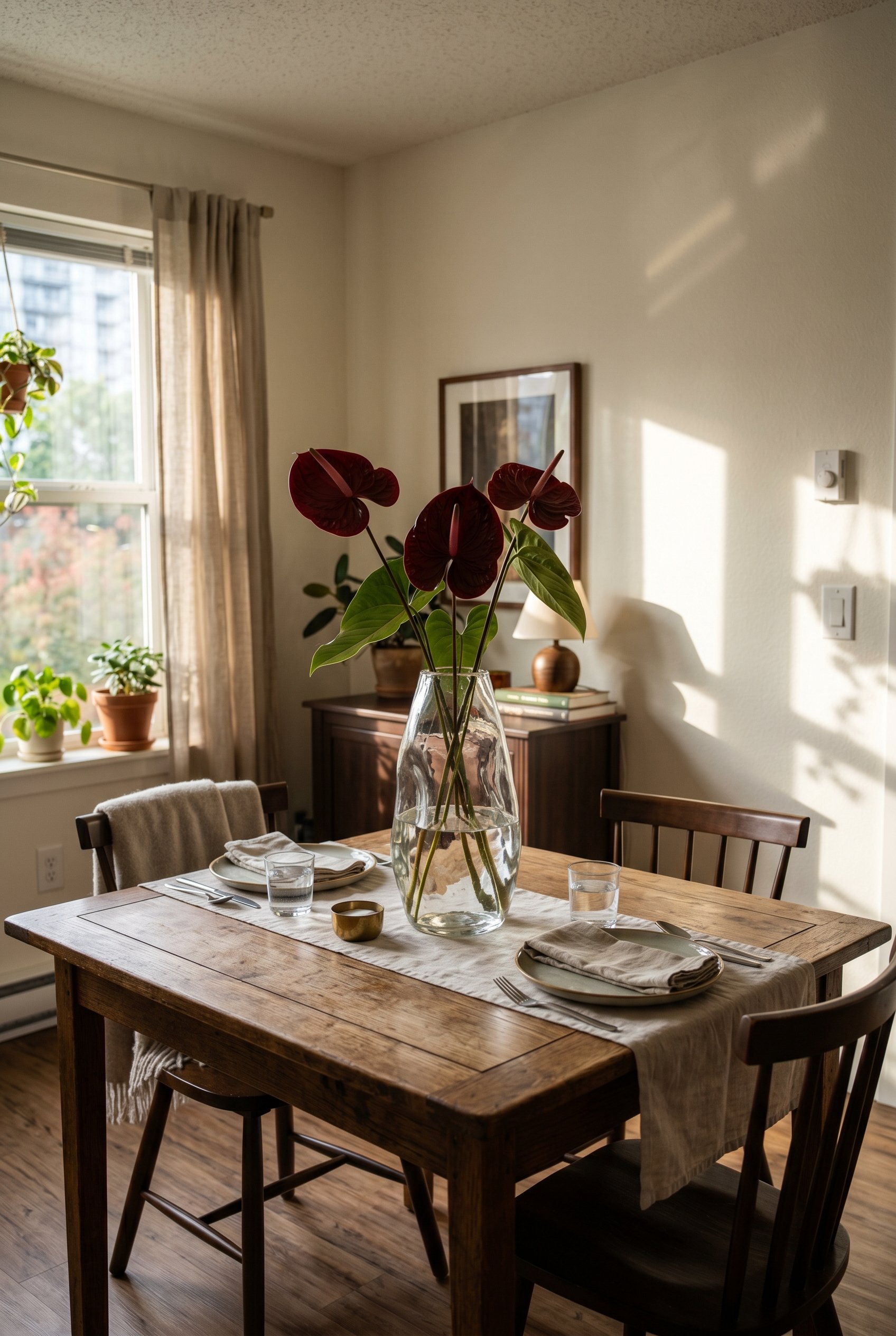 Photorealistic interior photo. Three dark red anthurium stems in a tall, oddly shaped glass vase on a dining table. Dramatic shadows, editorial photography style, no people visible.